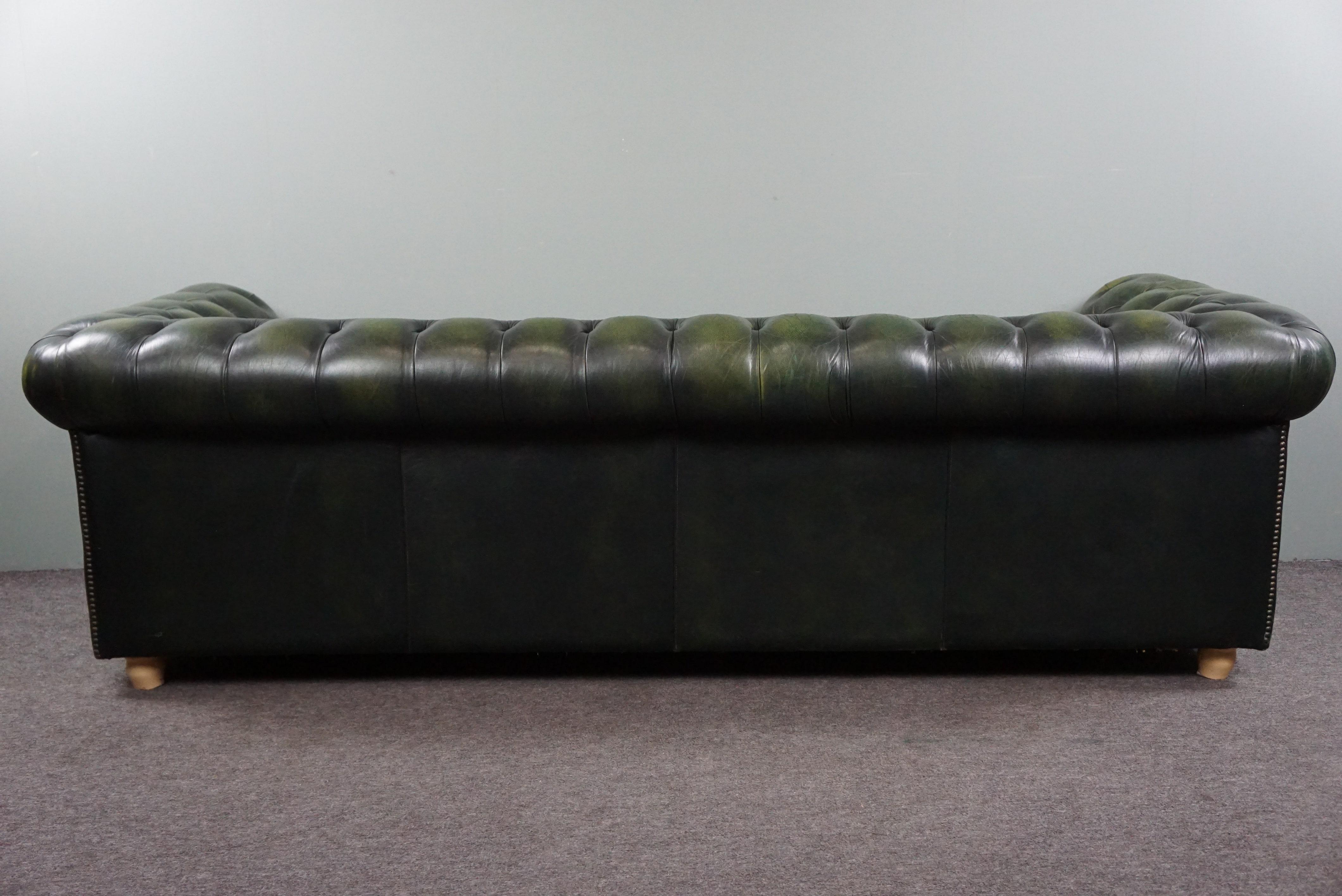 Contemporary Beautifully colored spacious green cow leather Chesterfield sofa, 3.5 seater