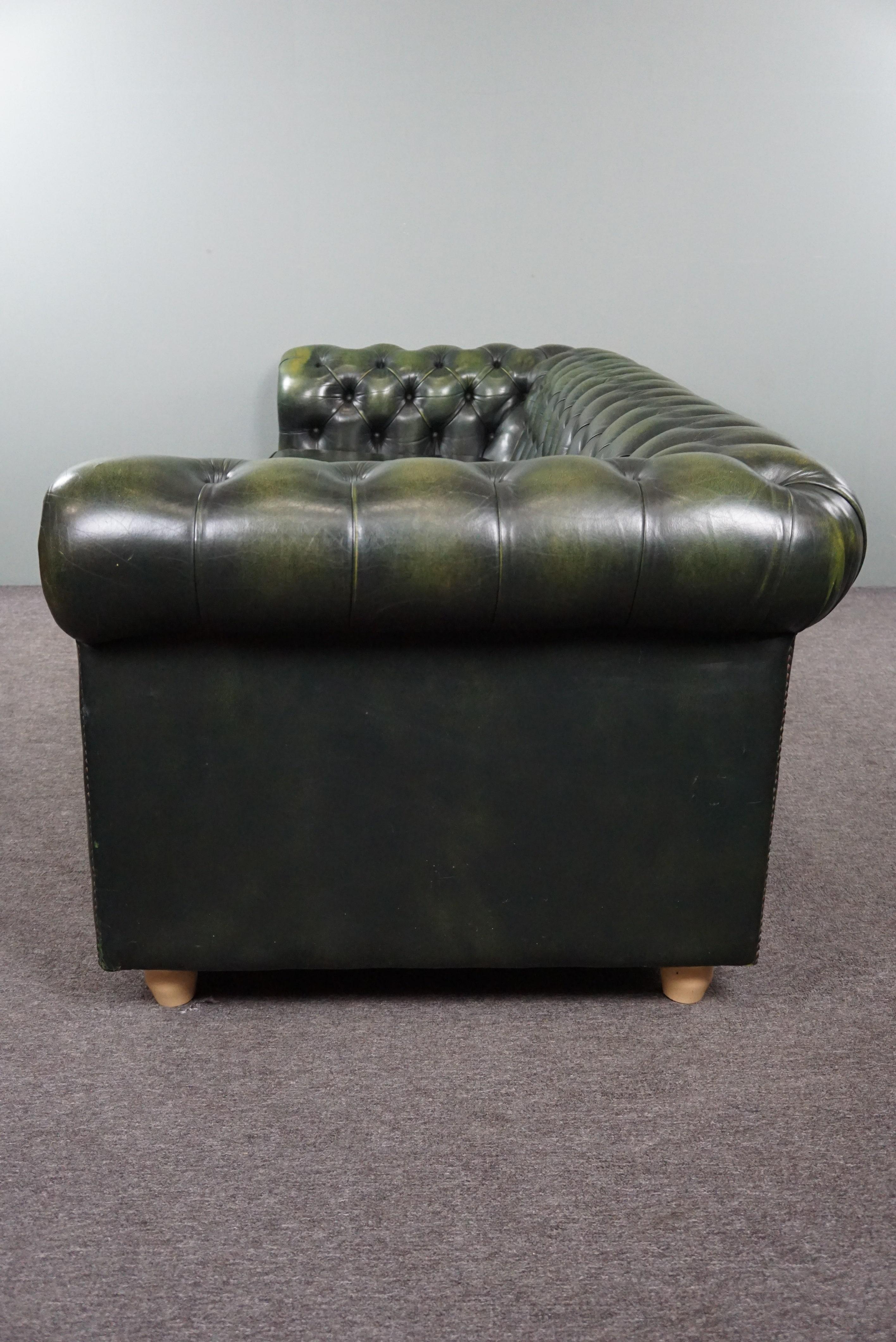 Cowhide Beautifully colored spacious green cow leather Chesterfield sofa, 3.5 seater