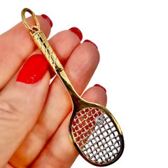 Beautifully Crafted 18K Yellow Gold & Diamond Tennis Racket Pendant 2 5/8 Inches
