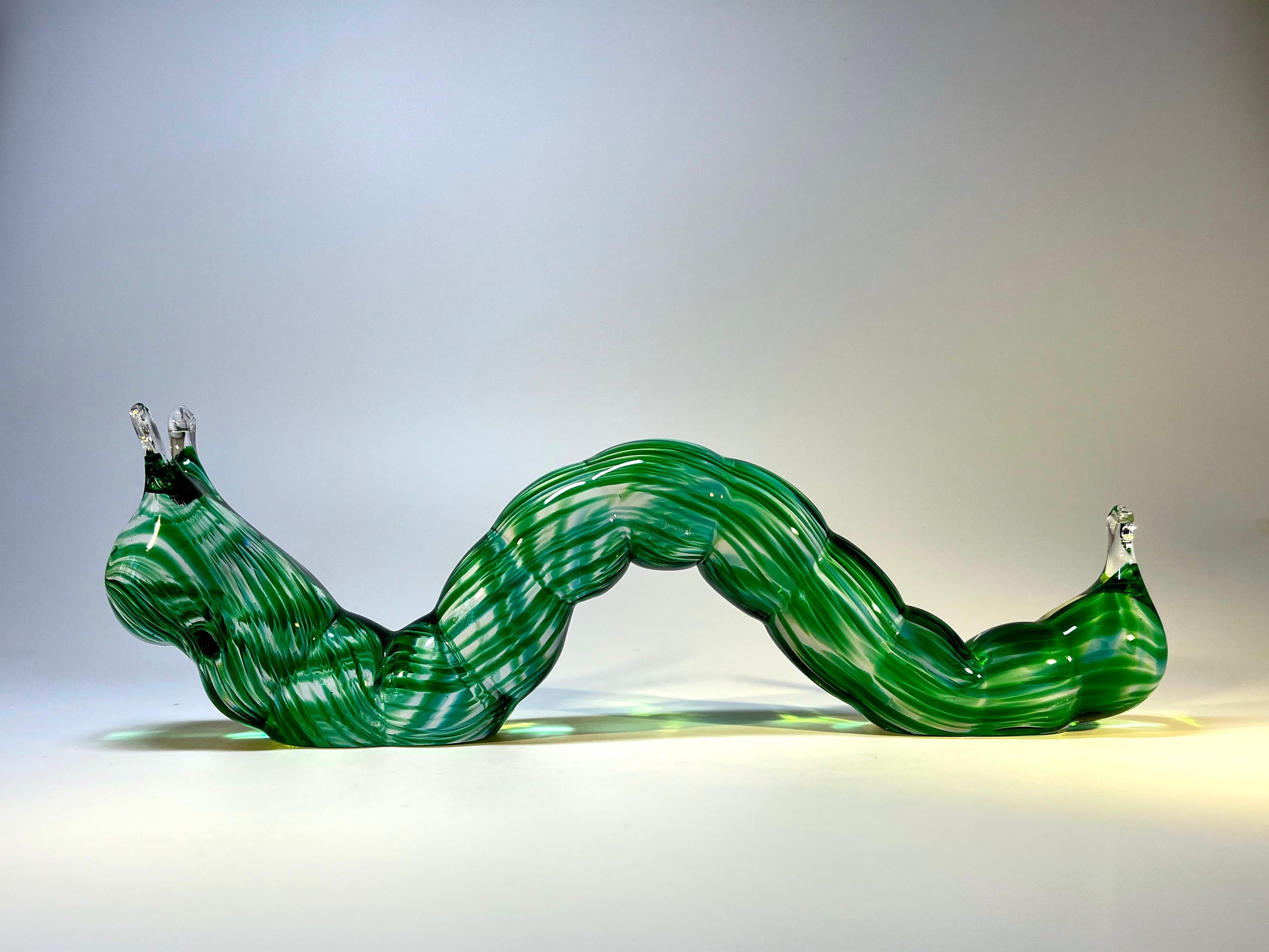Mid-Century Modern Beautifully Created Inchworm Caterpillar, Green Marled Glass, Murano, Italy 