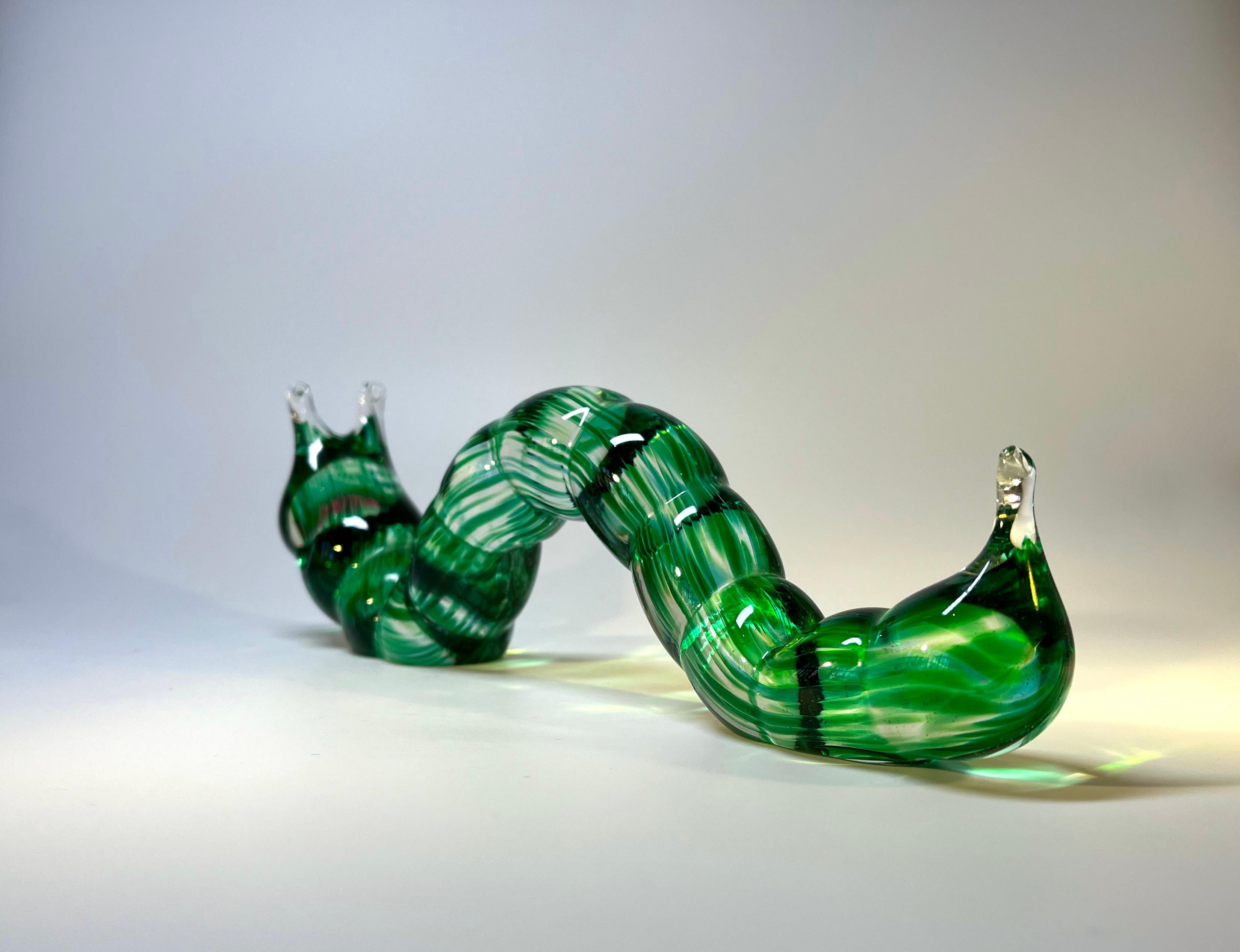 Italian Beautifully Created Inchworm Caterpillar, Green Marled Glass, Murano, Italy 