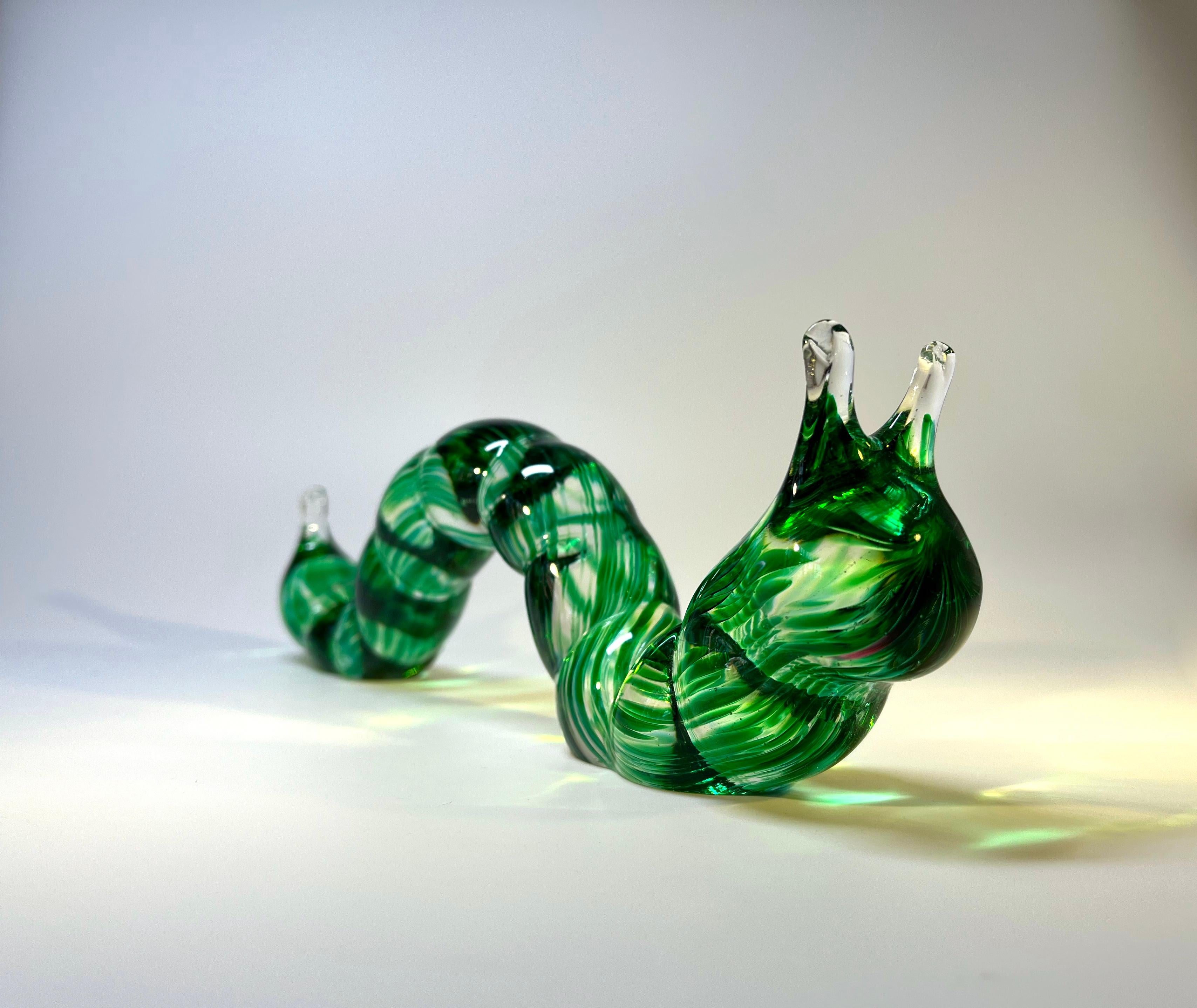 20th Century Beautifully Created Inchworm Caterpillar, Green Marled Glass, Murano, Italy 
