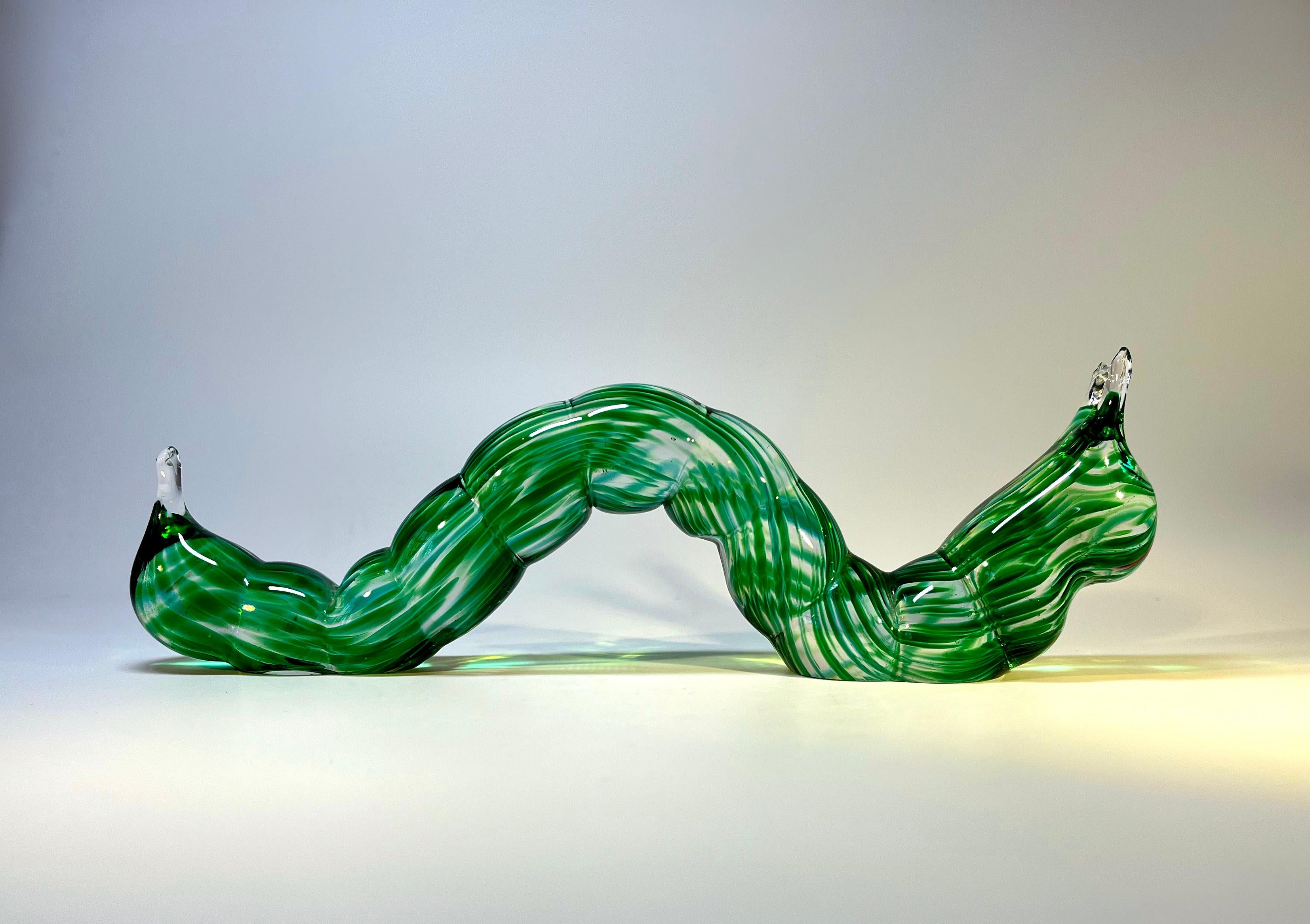 Beautifully Created Inchworm Caterpillar, Green Marled Glass, Murano, Italy  1