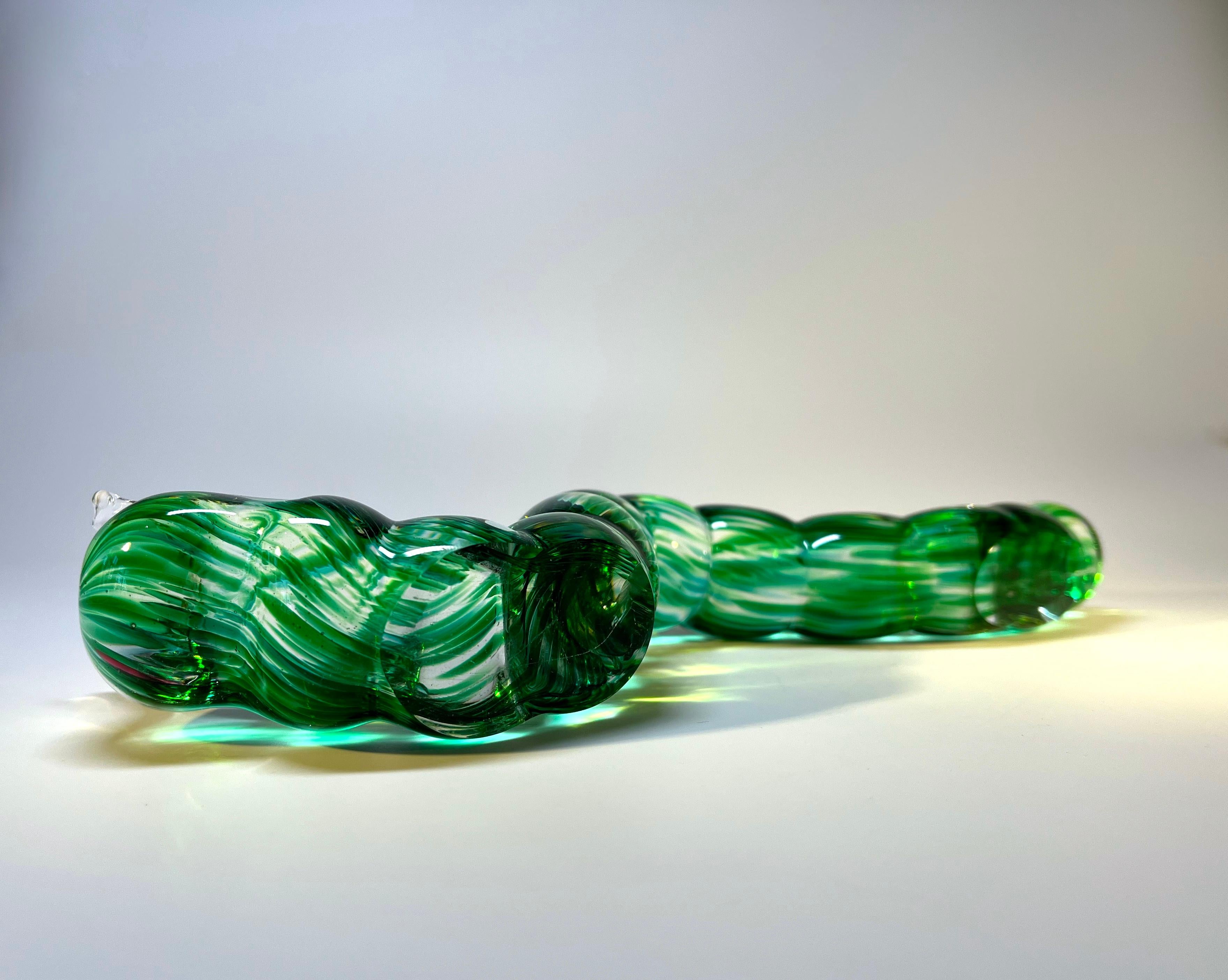 Beautifully Created Inchworm Caterpillar, Green Marled Glass, Murano, Italy  2