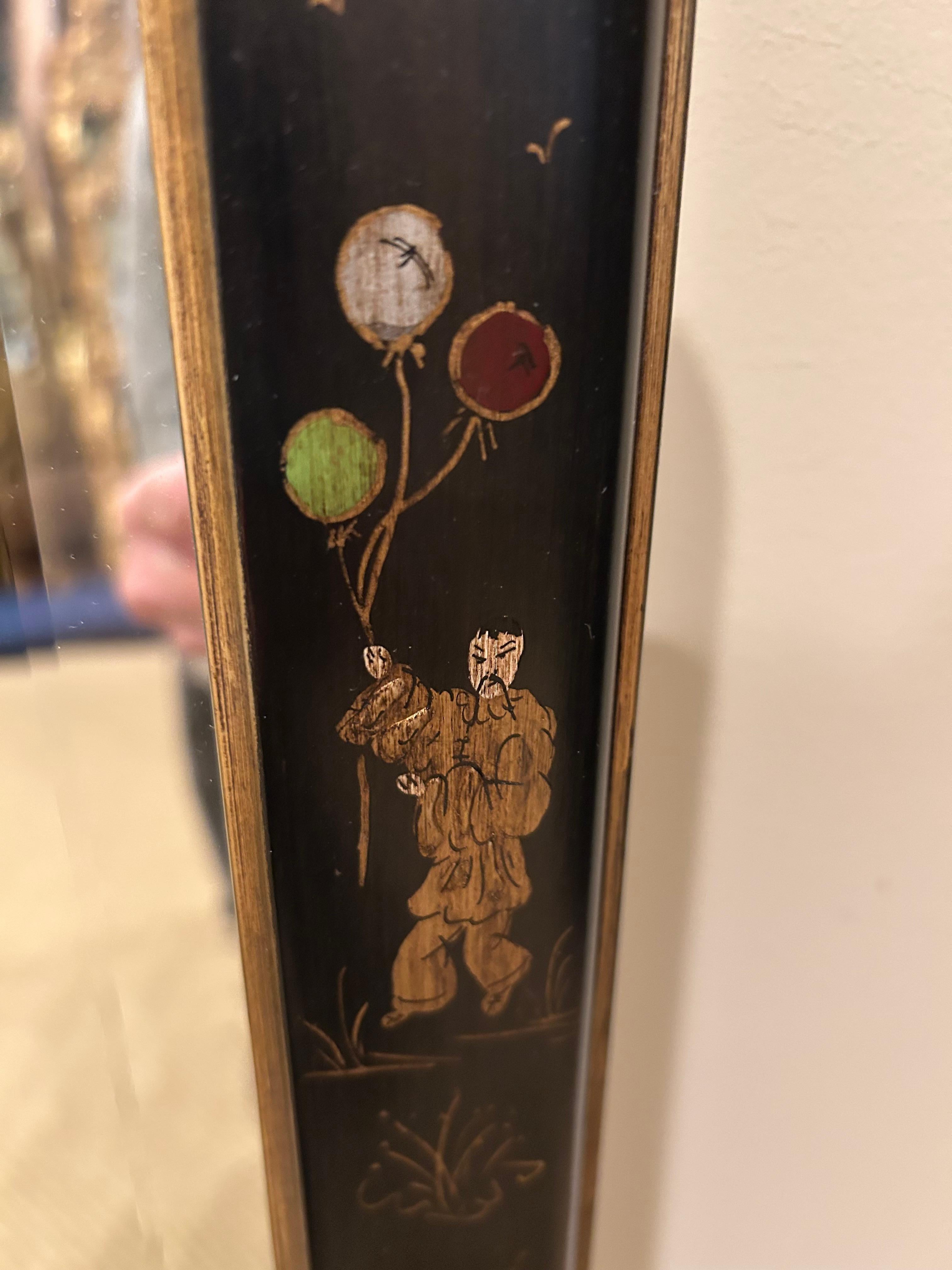 Wood Beautifully Decorated Black Chinoiserie Bevelled Mirror