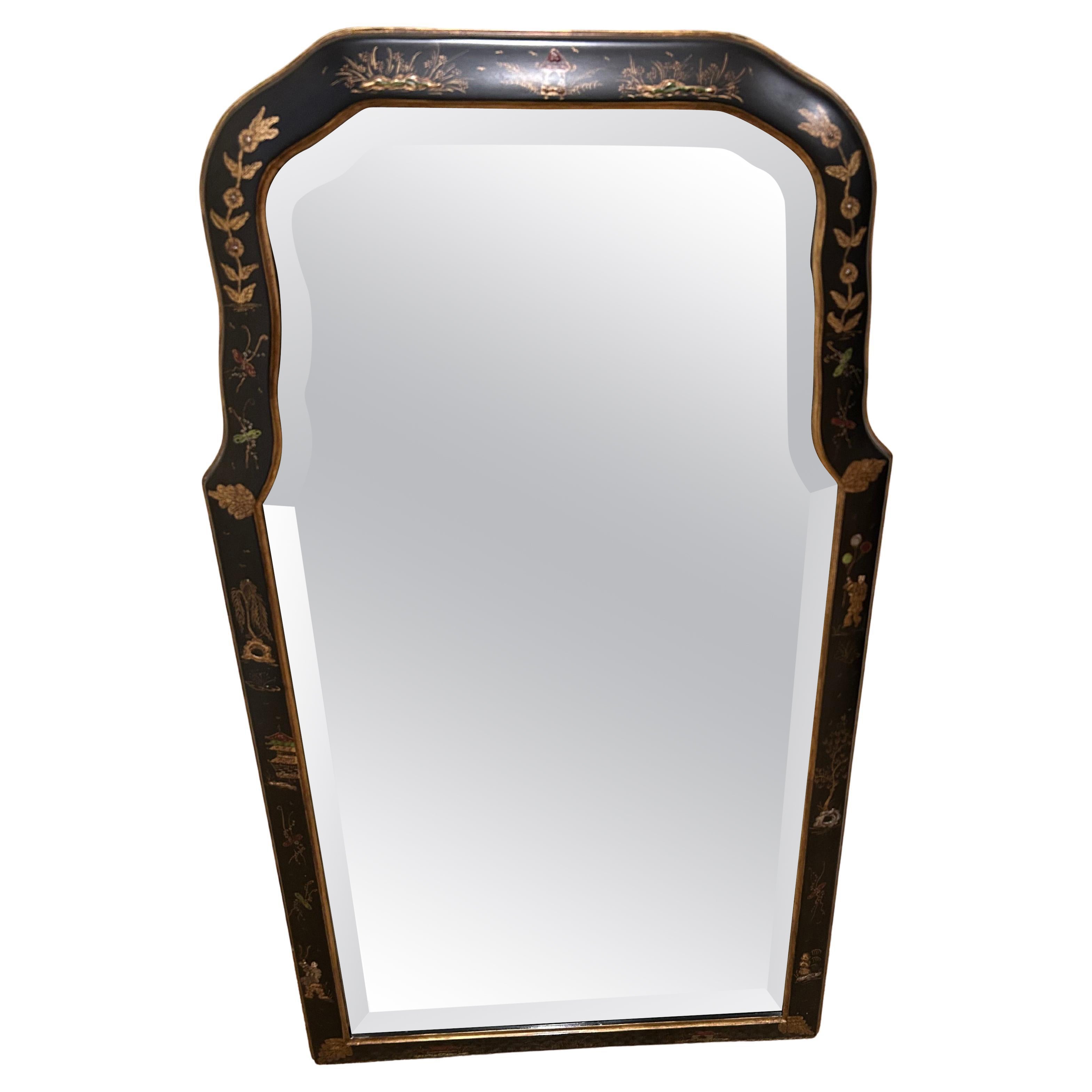 Beautifully Decorated Black Chinoiserie Bevelled Mirror