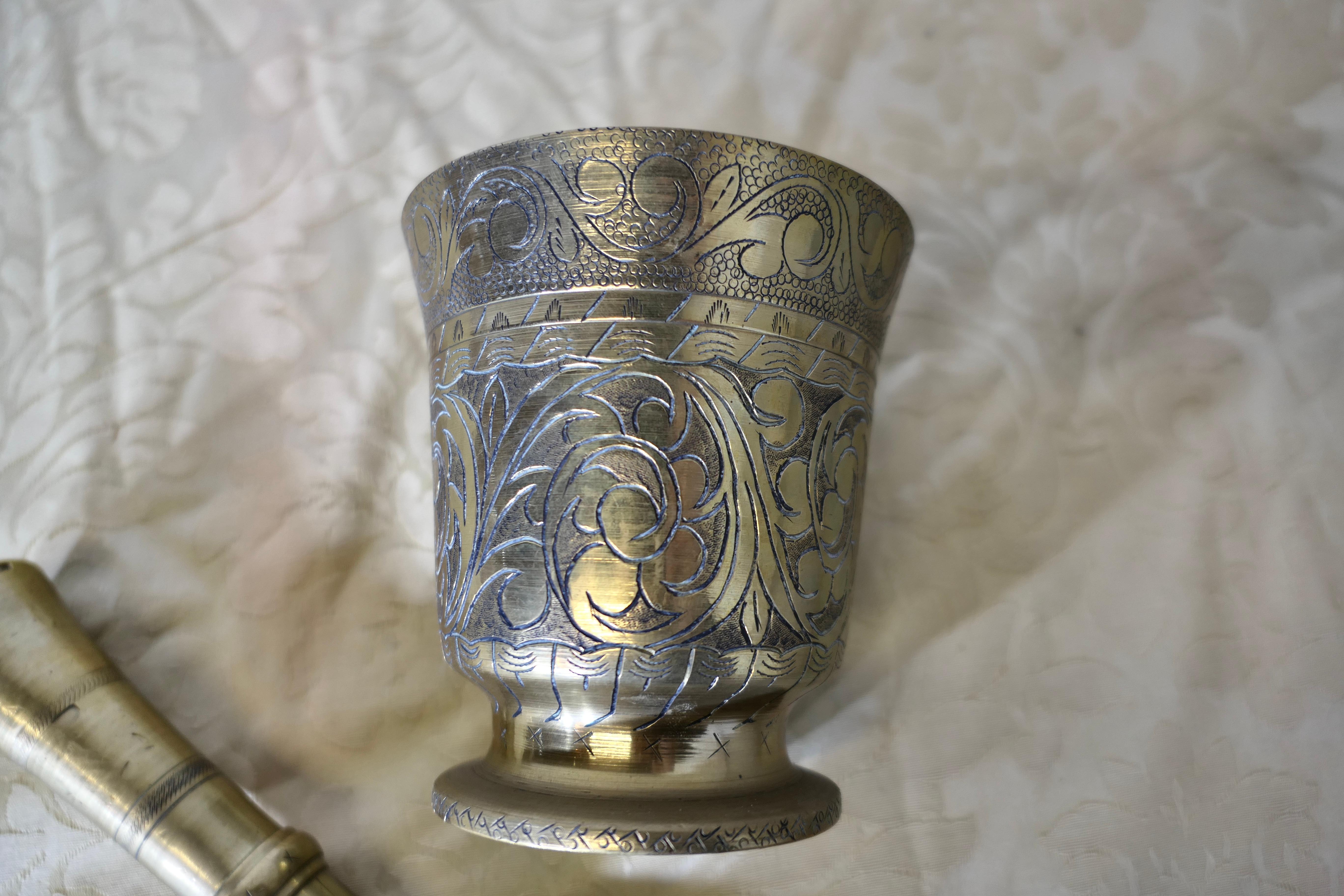 Arts and Crafts Beautifully Decorated Brass Pestle and Mortar For Sale