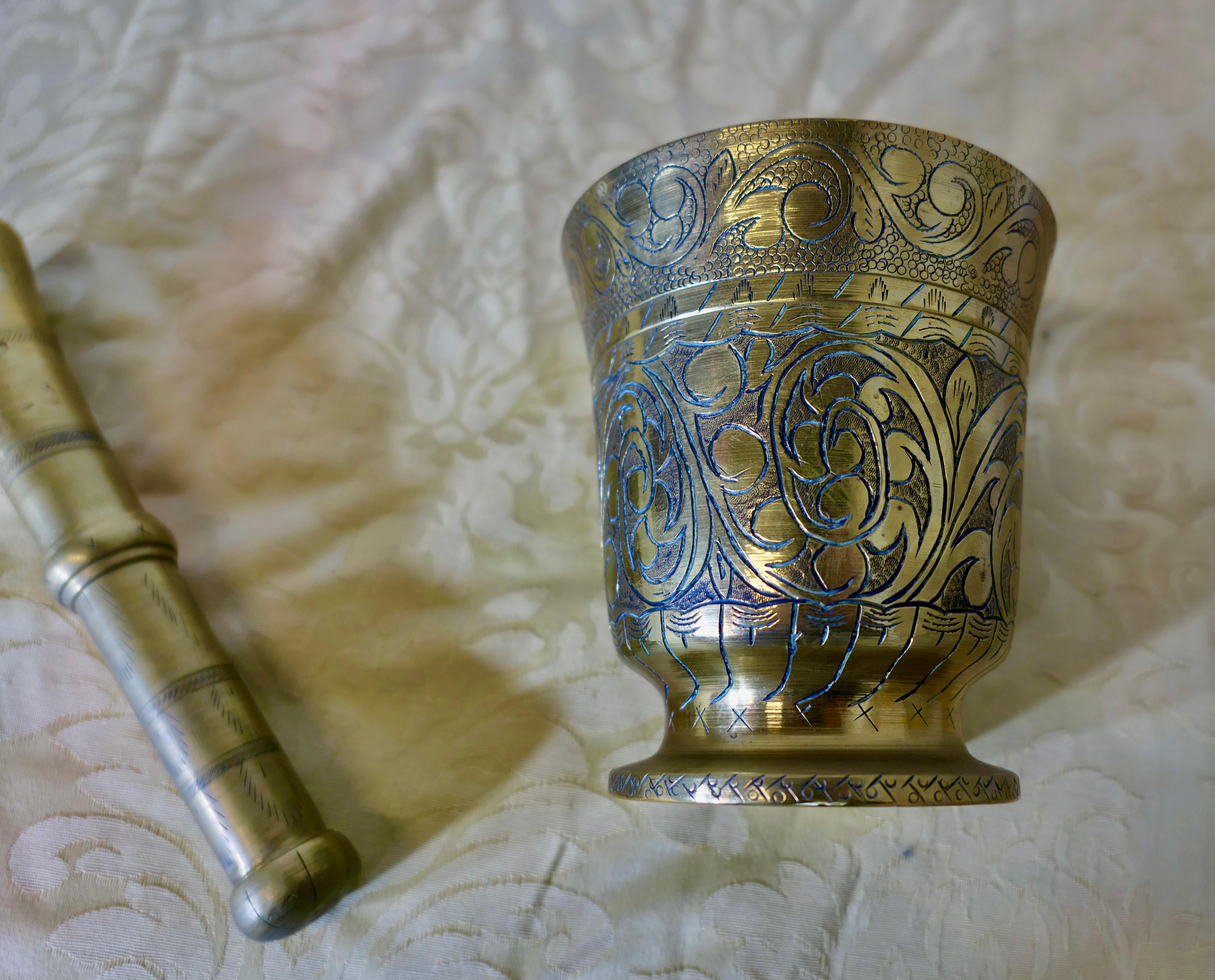 Late 19th Century Beautifully Decorated Brass Pestle and Mortar For Sale