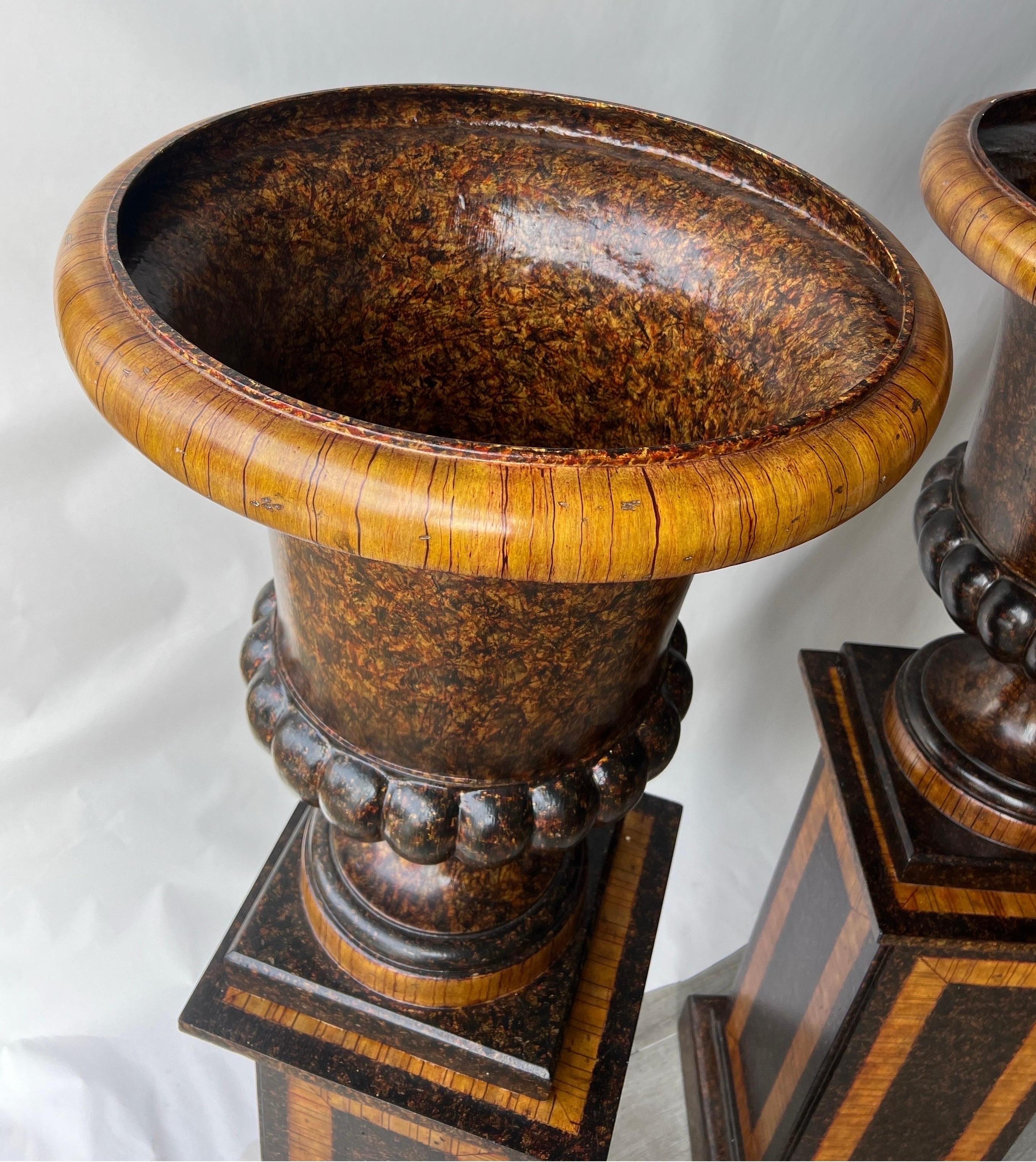 20th Century Beautifully decorated pair of faux tortoiseshell interior urns   For Sale