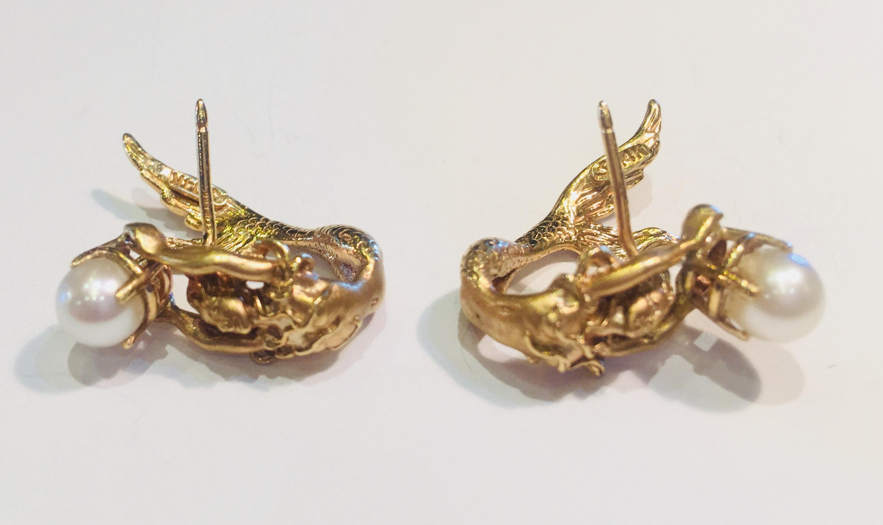 Round Cut Beautifully Detailed Mermaid Three Dimensional Yellow Gold Pearl Wrap Earrings