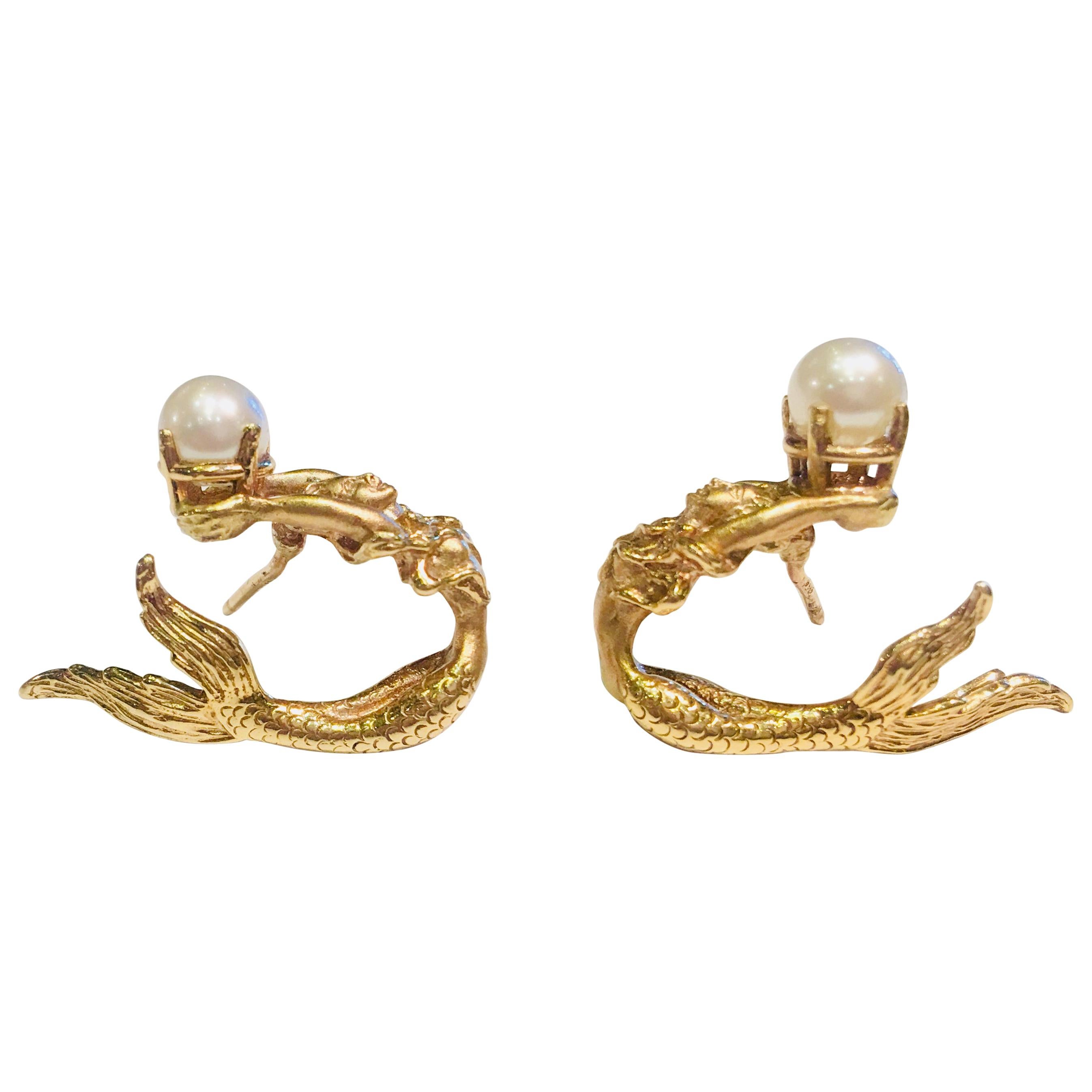 Beautifully Detailed Mermaid Three Dimensional Yellow Gold Pearl Wrap Earrings