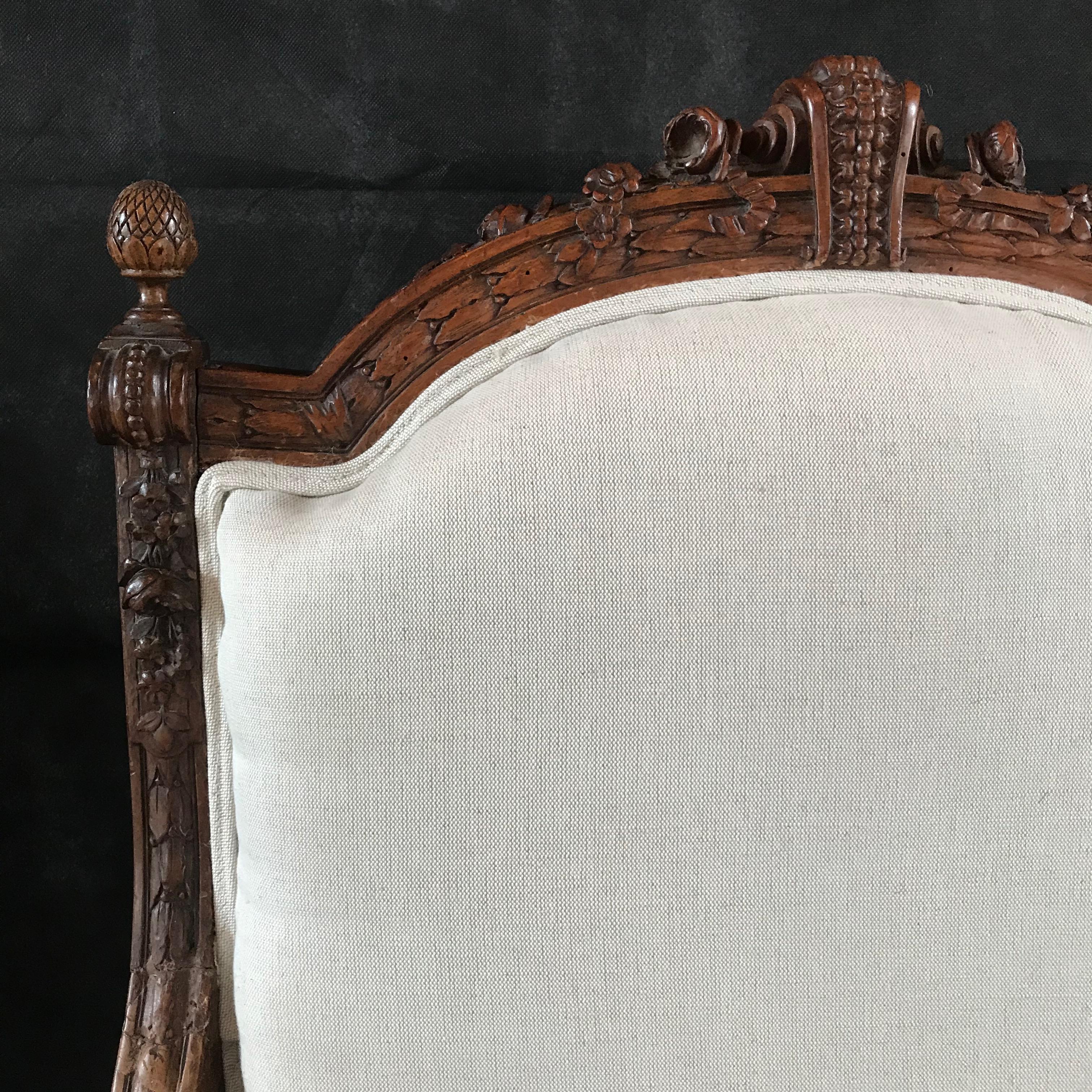 Beautifully Detailed Pair of French Carved Walnut Armchairs 5