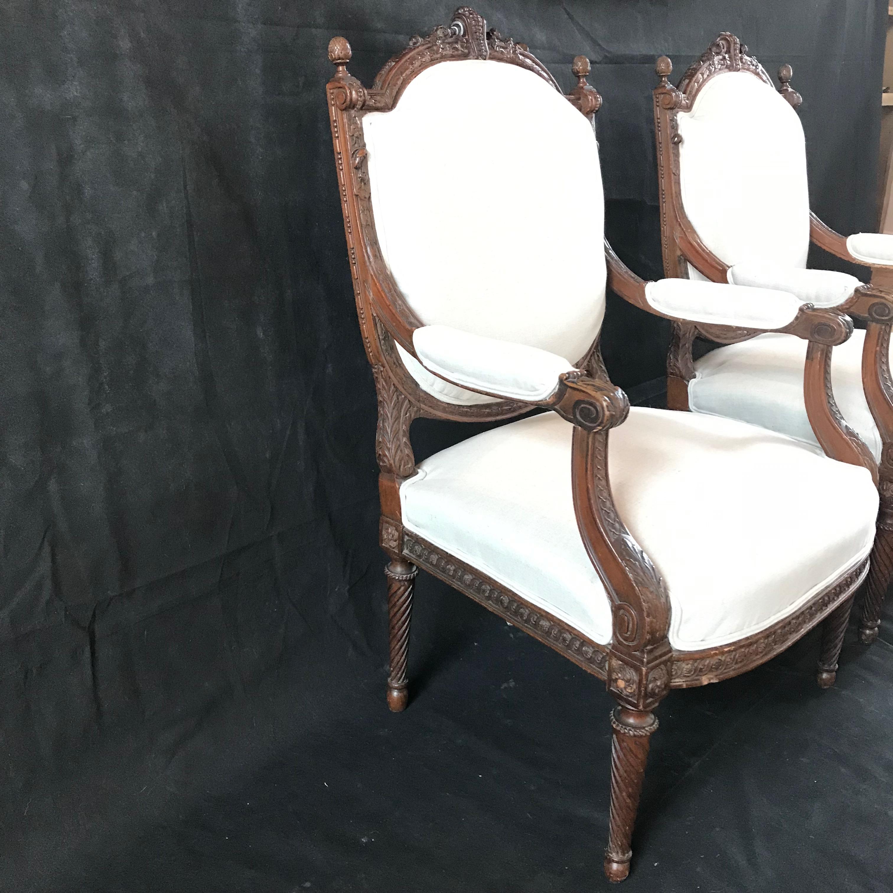  Beautifully Detailed Pair of French Carved Walnut Armchairs 2