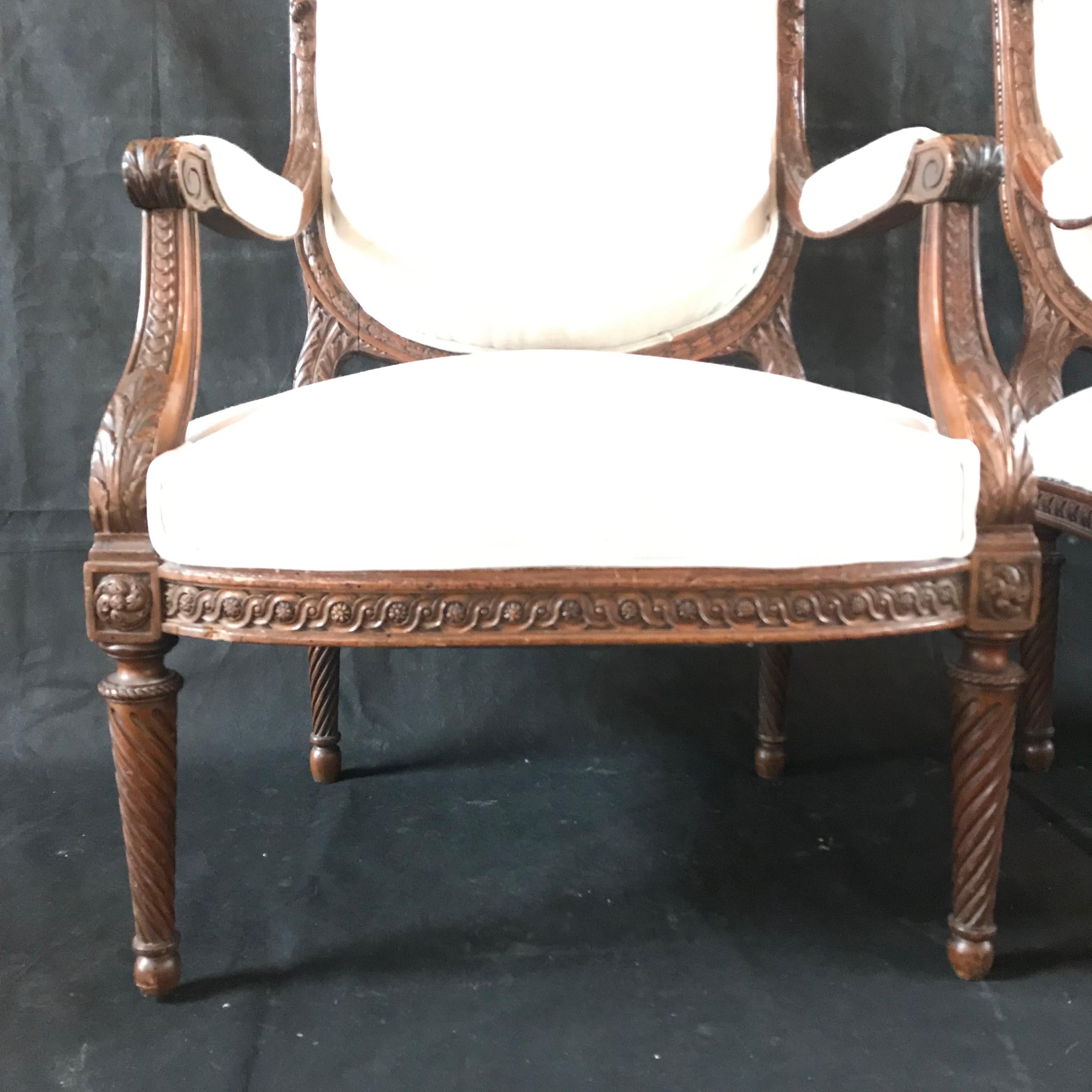  Beautifully Detailed Pair of French Carved Walnut Armchairs 3