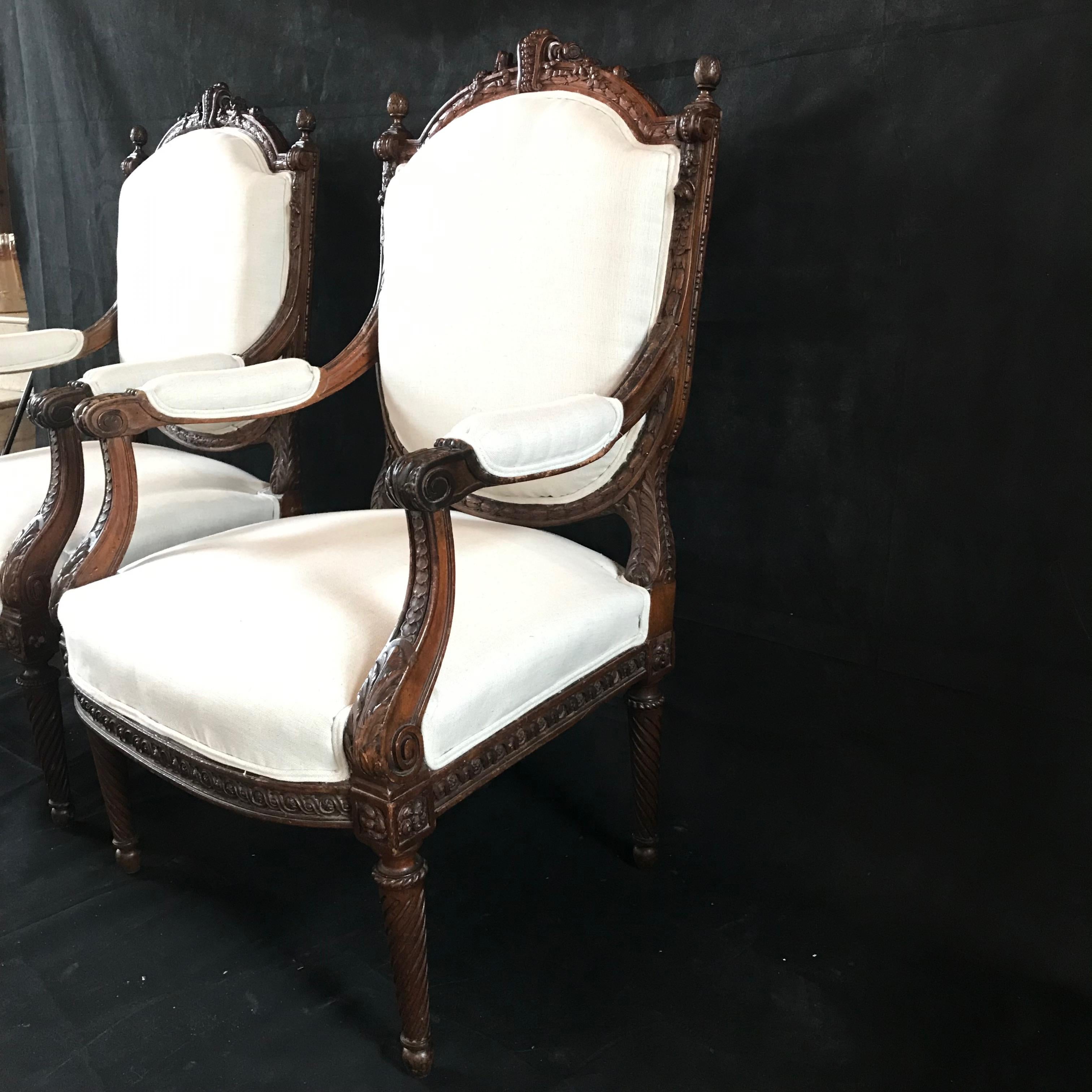  Beautifully Detailed Pair of French Carved Walnut Armchairs 4