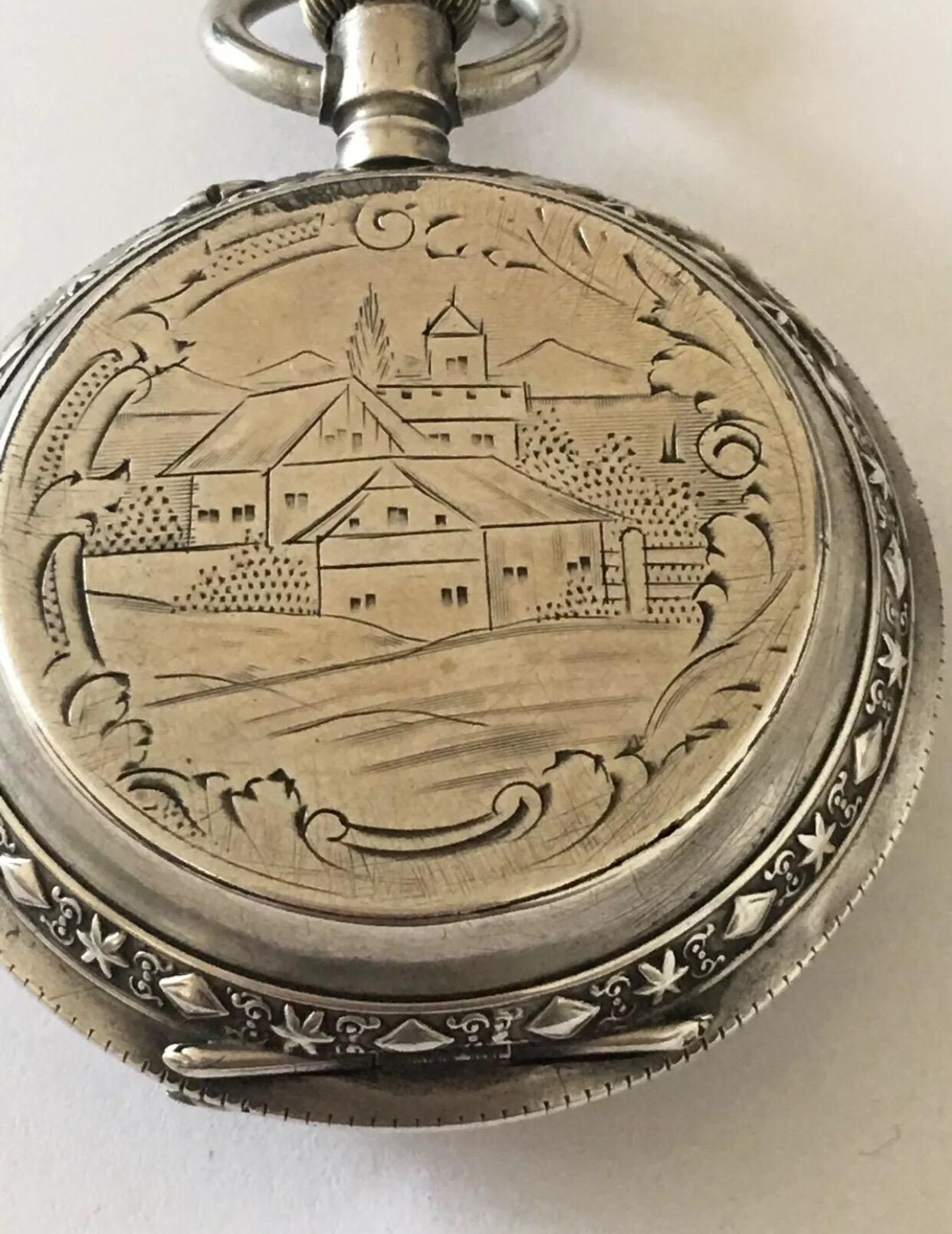 Beautifully Engraved Silver Full Hunter Case Antique Pocket Watch For Sale 5