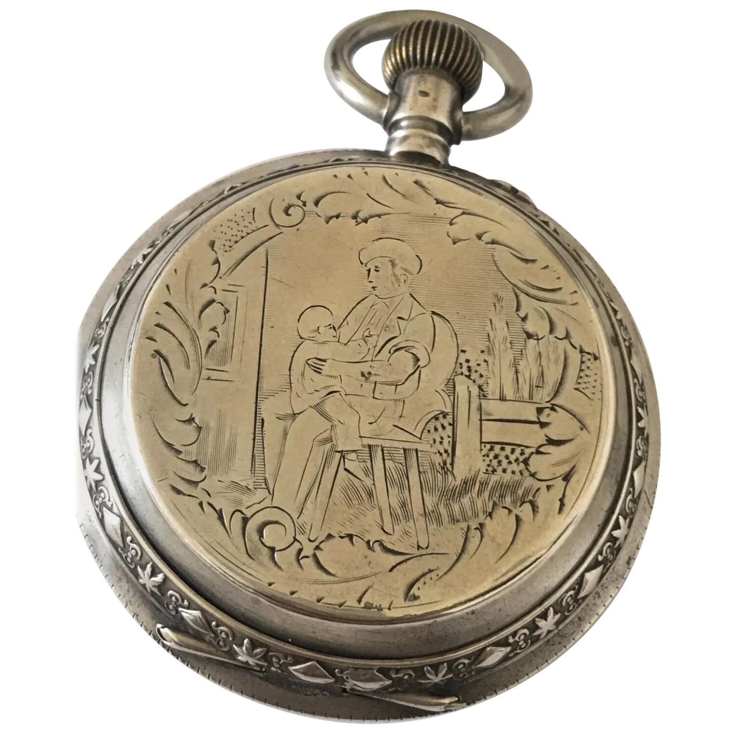 Beautifully Engraved Silver Full Hunter Case Antique Pocket Watch For Sale