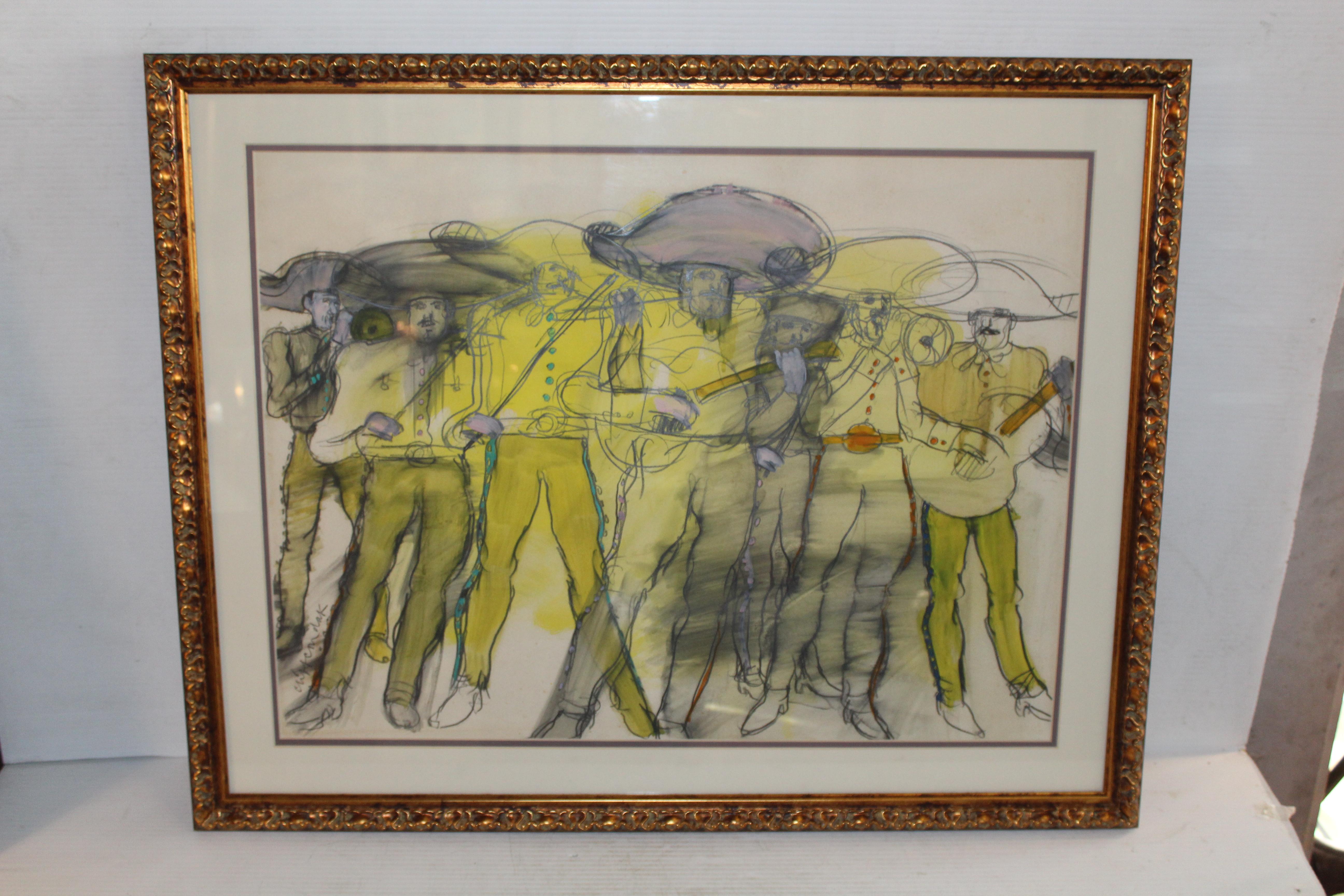 Expresivo dibujo que representa a un animado grupo de mariachis, realizado con un trazo dinámico y atención a los detalles musicales. La composición transmite ritmo y movimiento, celebrando la tradición cultural a través de una lente artística. Una