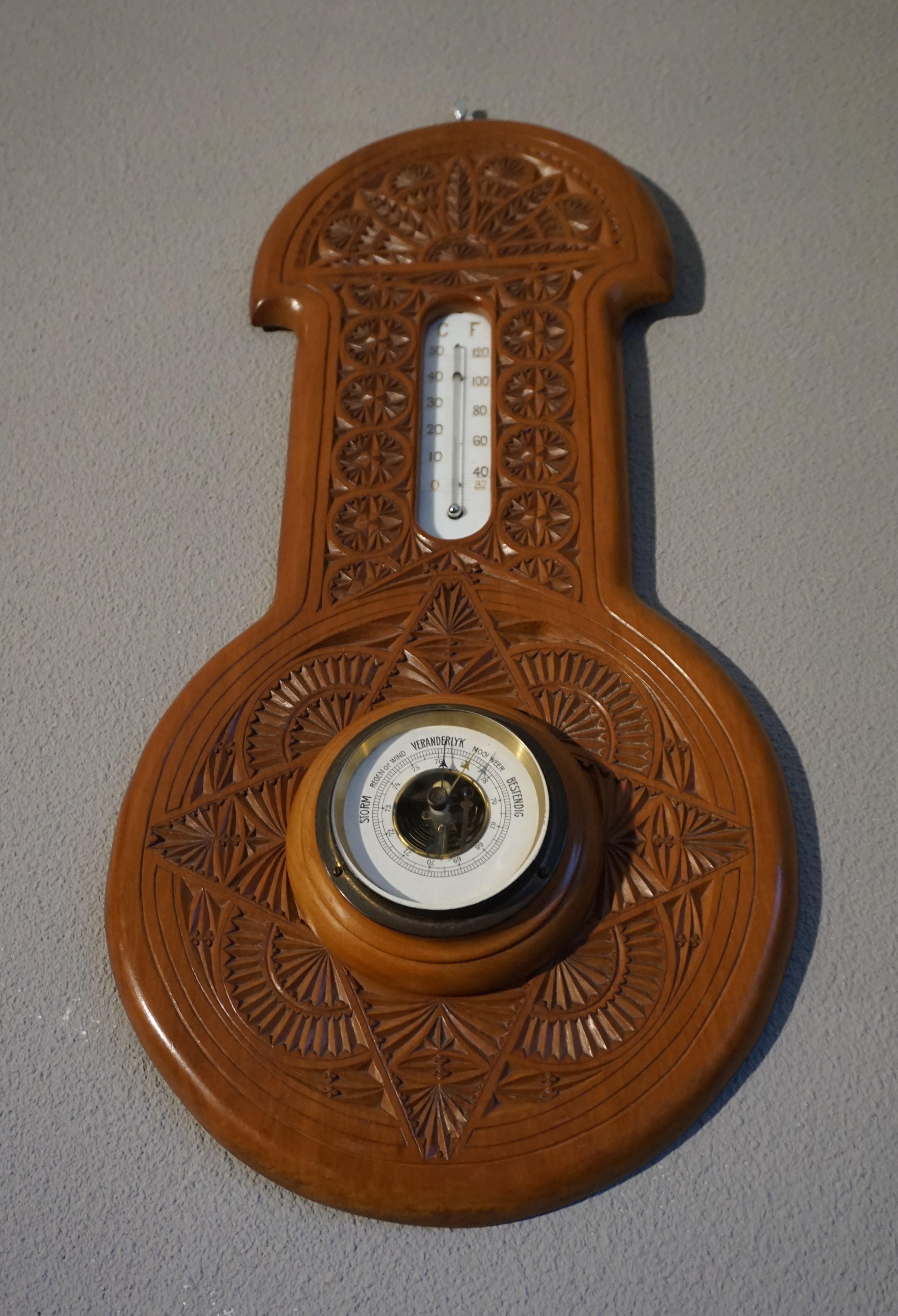 Baromètre et thermomètre néerlandais Arts & Crafts ancien magnifiquement sculpté à la main 1910 2