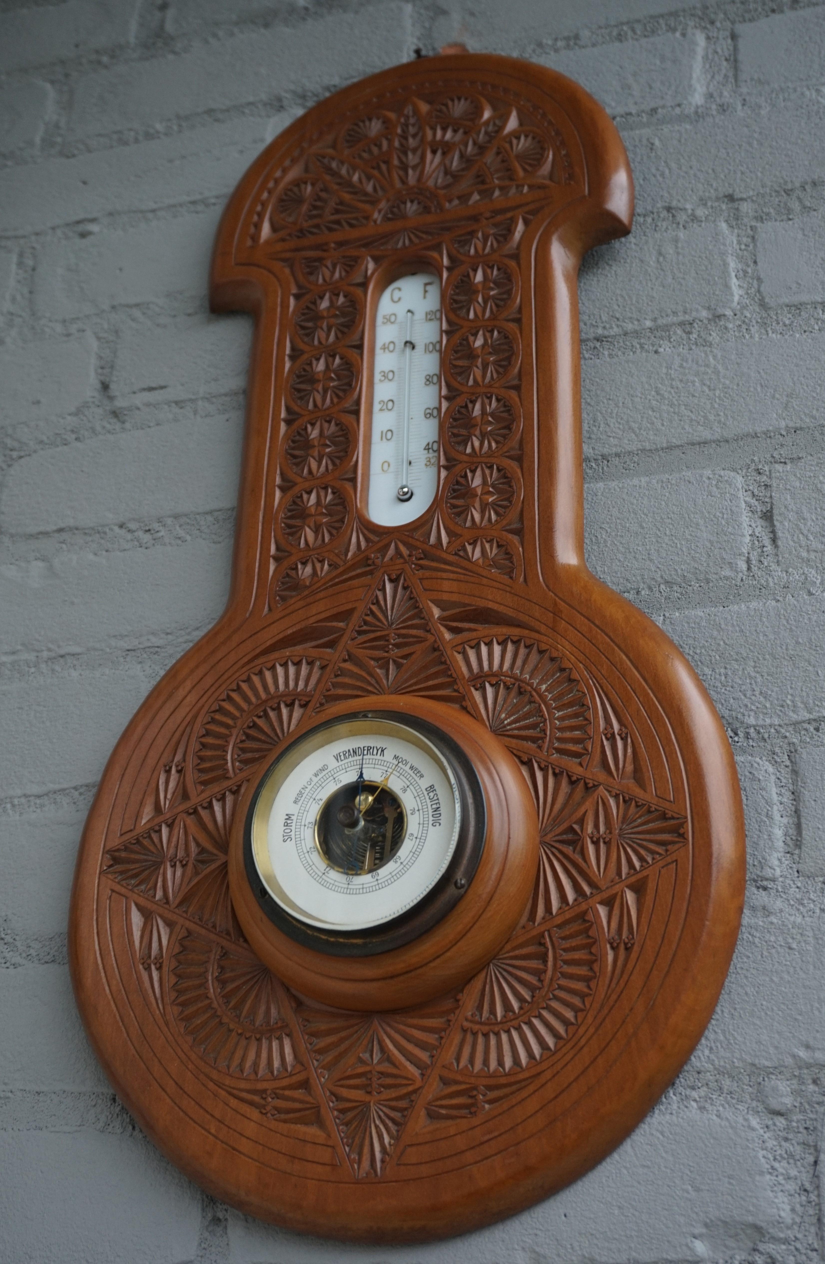 Schön handgeschnitztes antikes niederländisches Arts and Crafts Barometer und Thermometer 1910 im Angebot 7