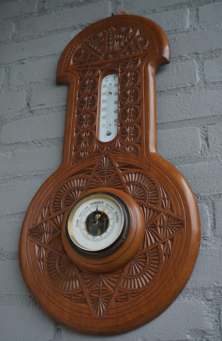 Beautifully Hand Carved Antique Dutch Arts & Crafts Barometer & Thermometer 1910 For Sale 7