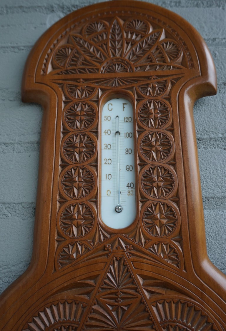 Beautifully Hand Carved Antique Dutch Arts & Crafts Barometer & Thermometer 1910 For Sale 8
