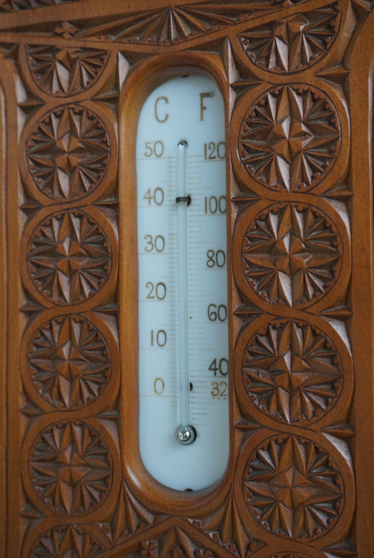 Beautifully Hand Carved Antique Dutch Arts & Crafts Barometer & Thermometer 1910 For Sale 9