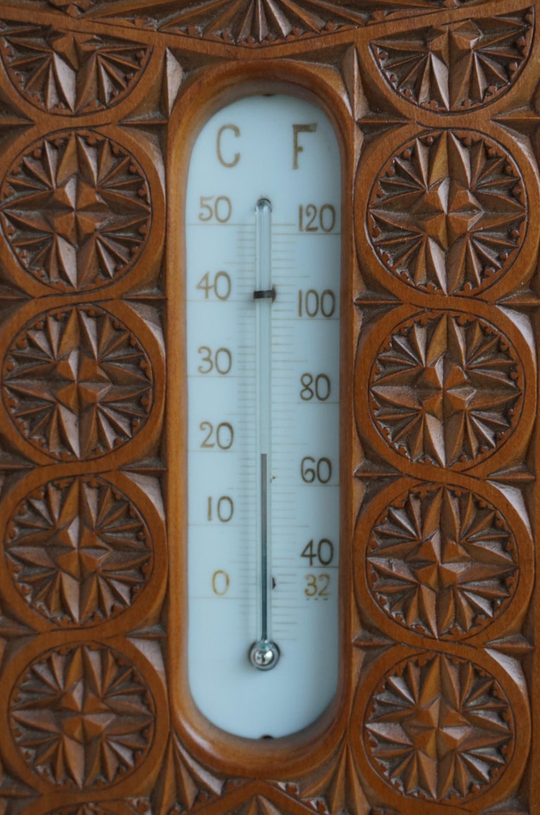 Beautifully Hand Carved Antique Dutch Arts & Crafts Barometer & Thermometer 1910 For Sale 10