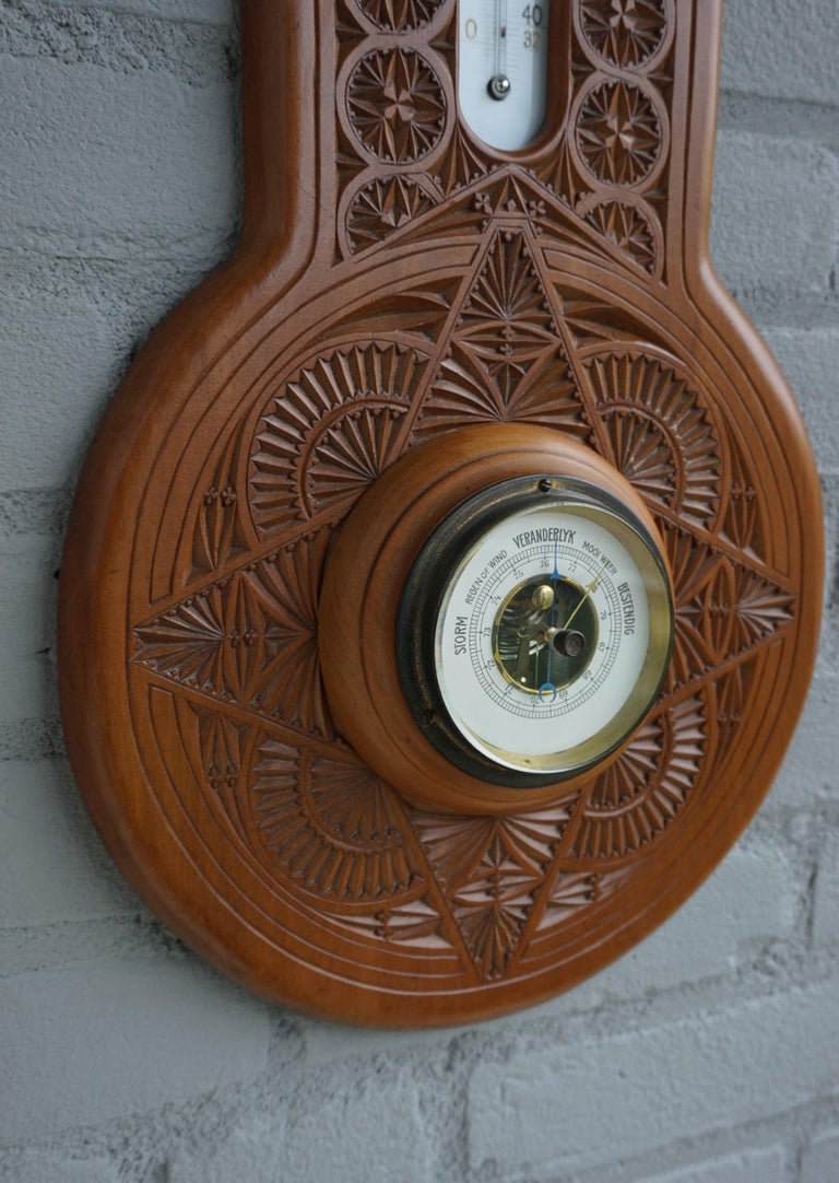 Beautifully Hand Carved Antique Dutch Arts & Crafts Barometer & Thermometer 1910 For Sale 11