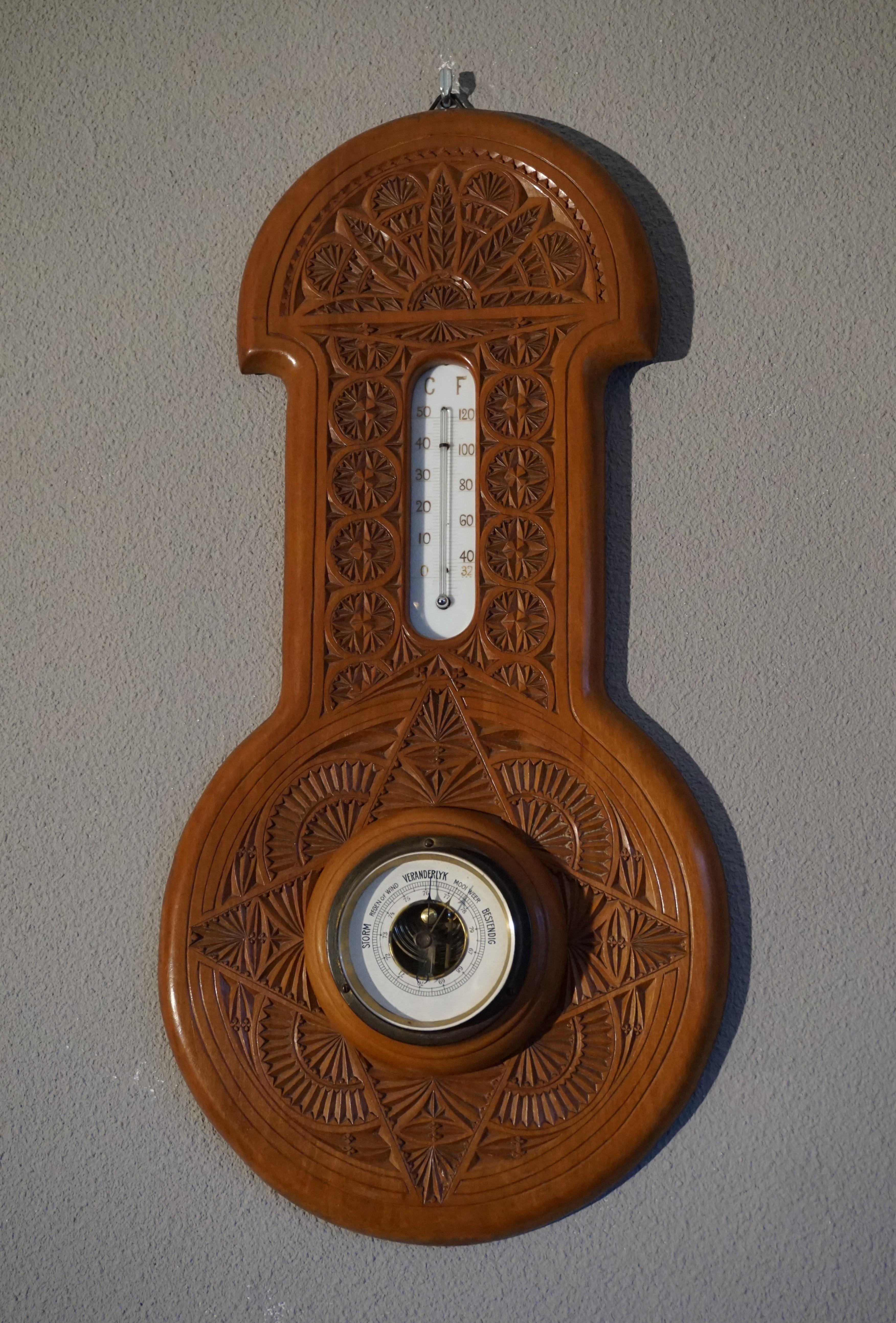 Beautifully Hand Carved Antique Dutch Arts & Crafts Barometer & Thermometer 1910 For Sale 12