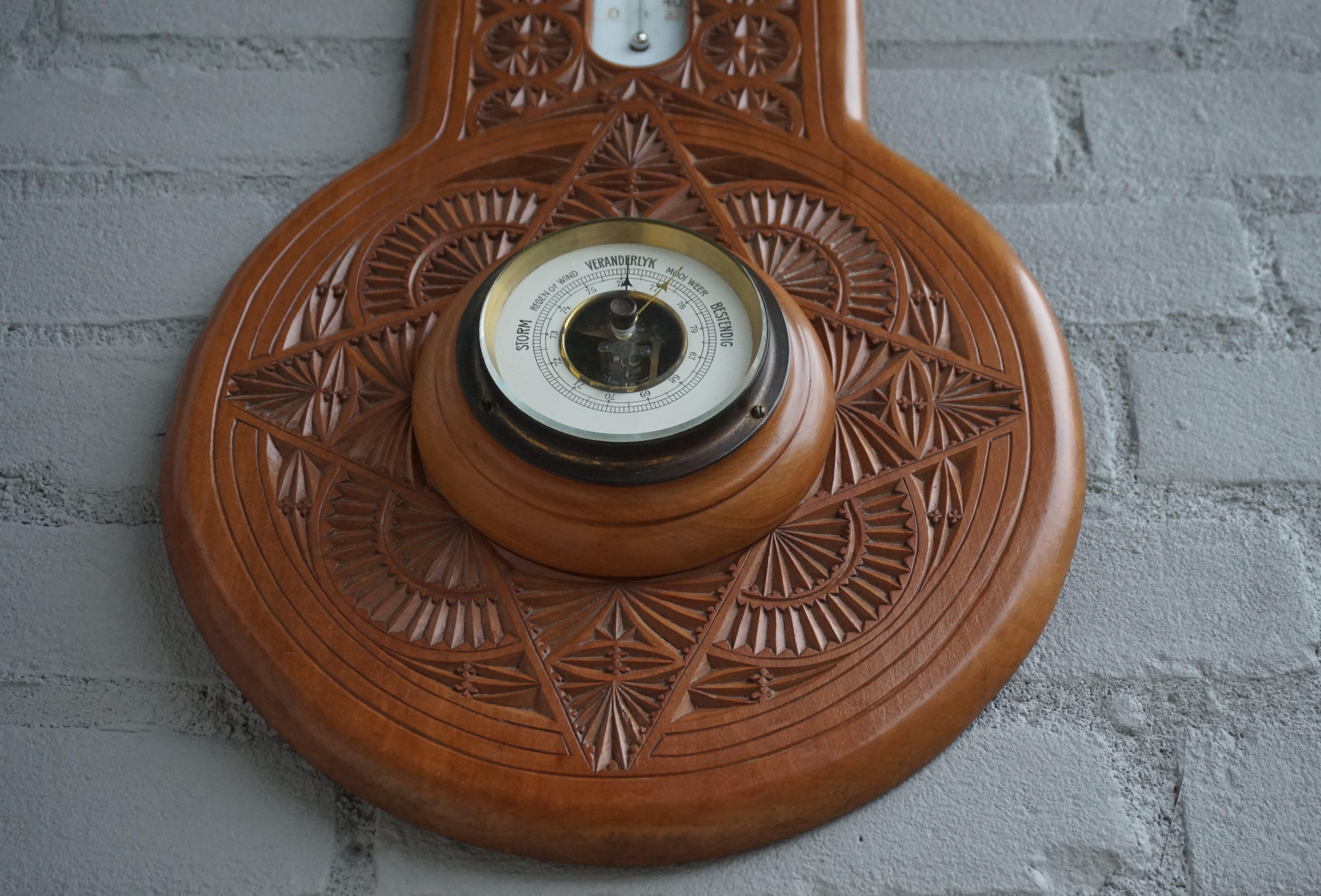 Arts and Crafts Beautifully Hand Carved Antique Dutch Arts & Crafts Barometer & Thermometer 1910 For Sale