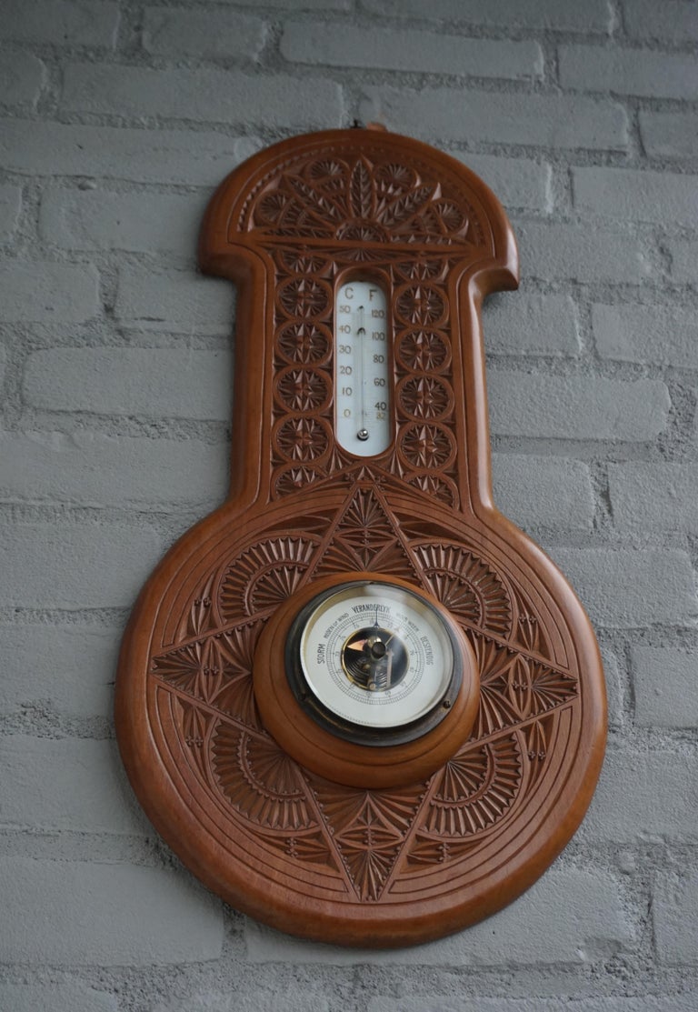 20th Century Beautifully Hand Carved Antique Dutch Arts & Crafts Barometer & Thermometer 1910 For Sale