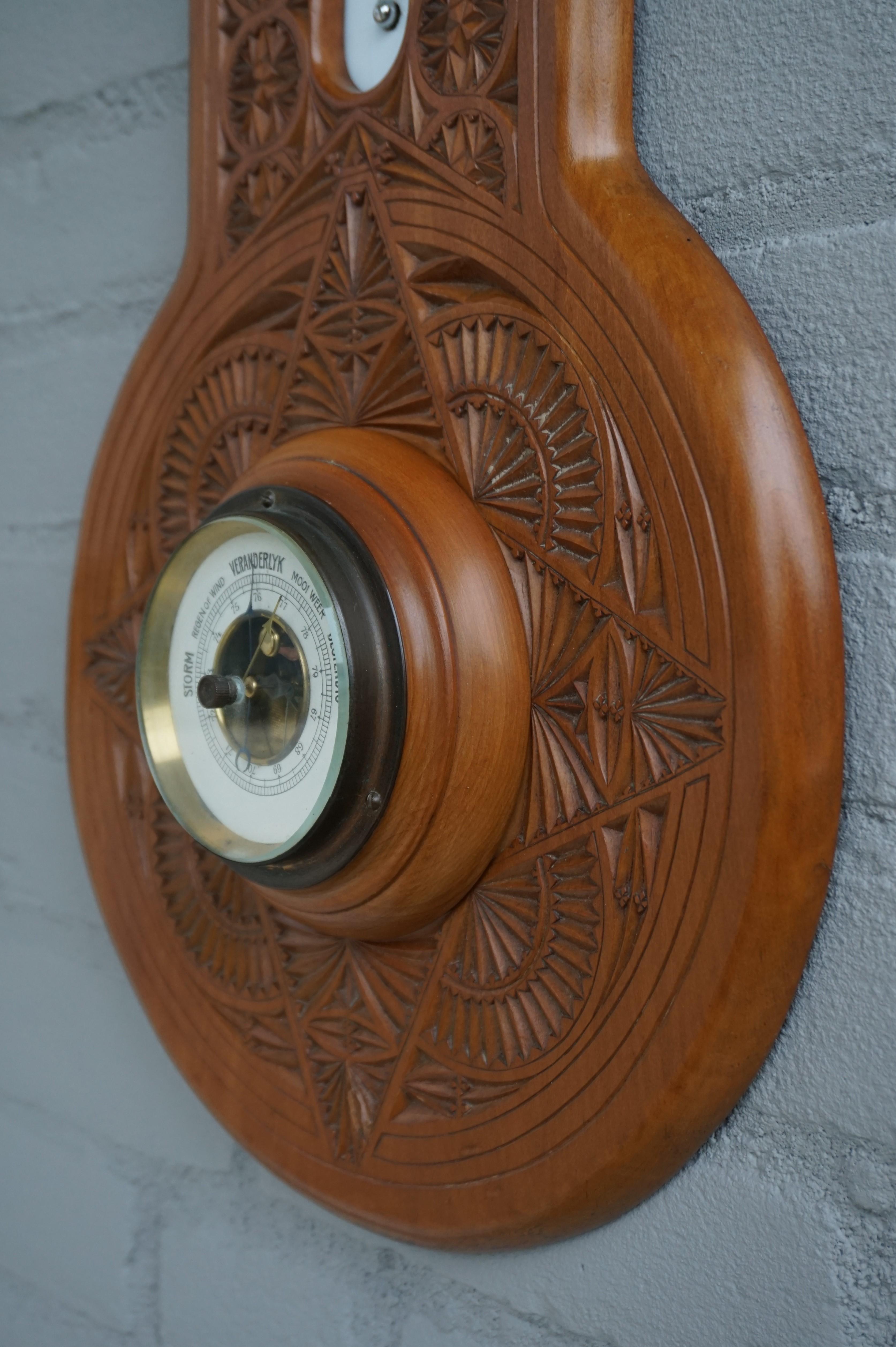 Glass Beautifully Hand Carved Antique Dutch Arts & Crafts Barometer & Thermometer 1910 For Sale