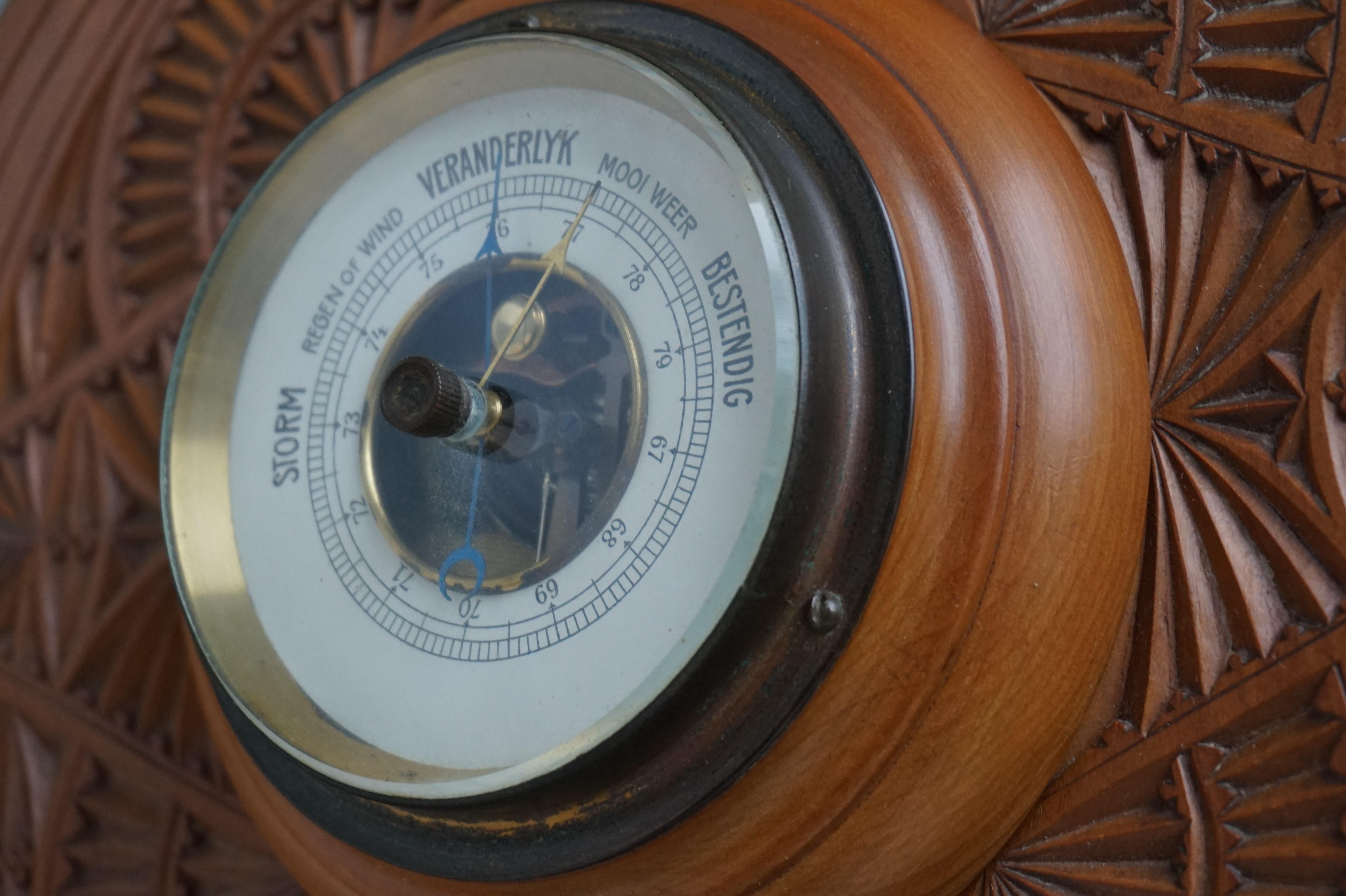 Beautifully Hand Carved Antique Dutch Arts & Crafts Barometer & Thermometer 1910 For Sale 1