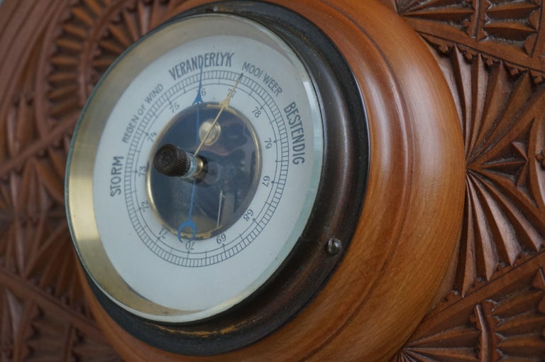 Beautifully Hand Carved Antique Dutch Arts & Crafts Barometer & Thermometer 1910 For Sale 1
