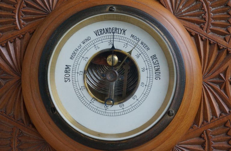 Beautifully Hand Carved Antique Dutch Arts & Crafts Barometer & Thermometer 1910 For Sale 2