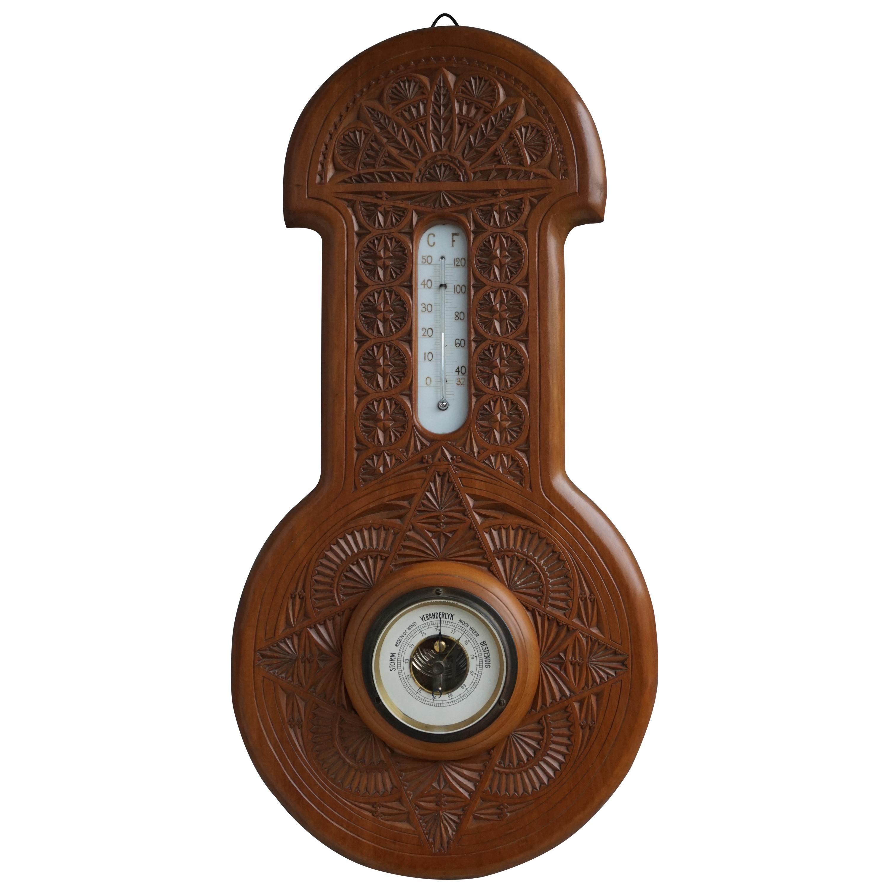 Beautifully Hand Carved Antique Dutch Arts & Crafts Barometer & Thermometer 1910