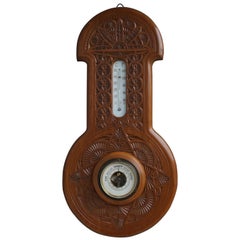 Schön handgeschnitztes antikes niederländisches Arts and Crafts Barometer und Thermometer 1910