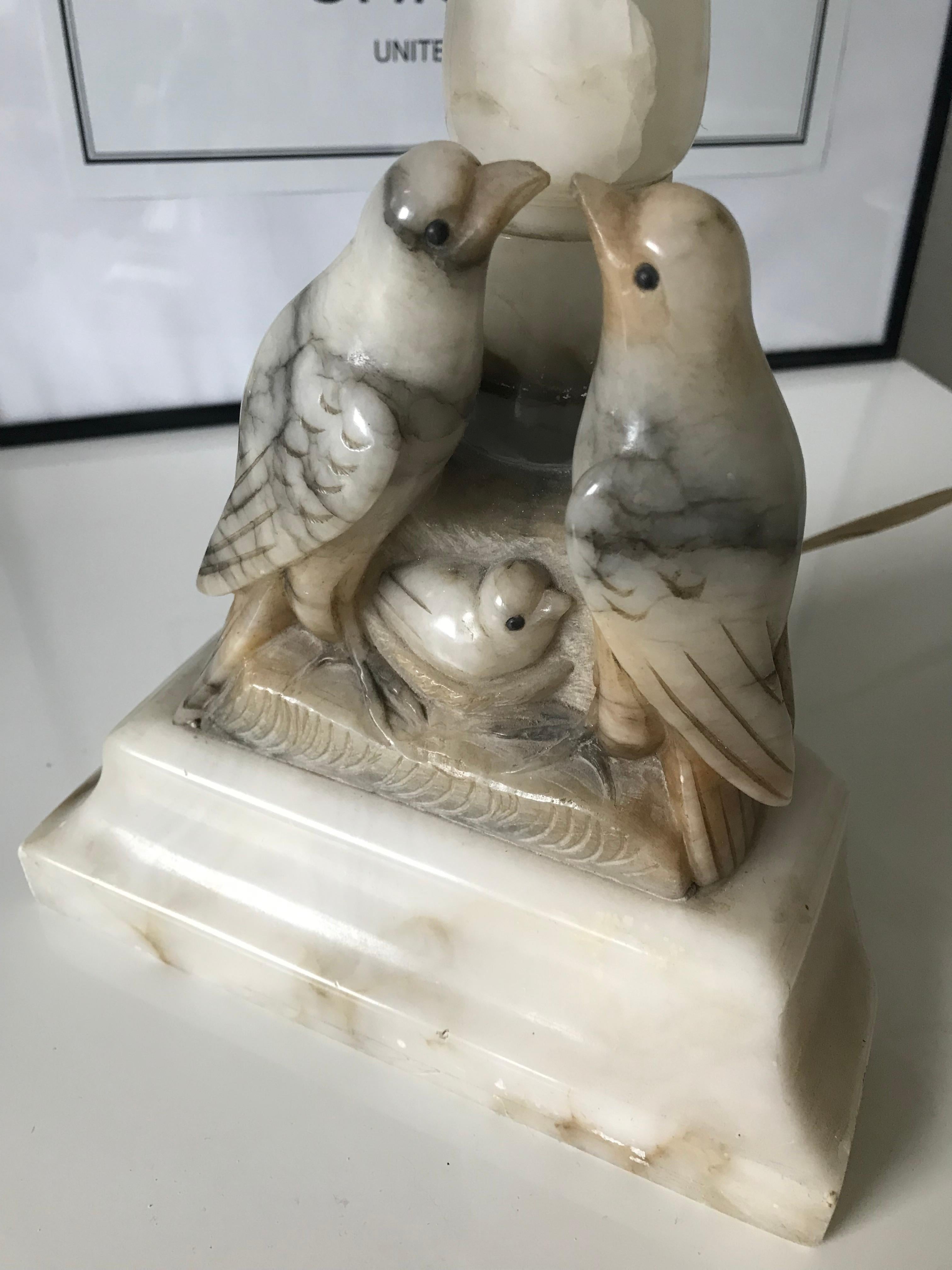 Romantic Beautifully Hand Carved Midcentury Nesting Birds Alabaster Table or Desk Lamp For Sale