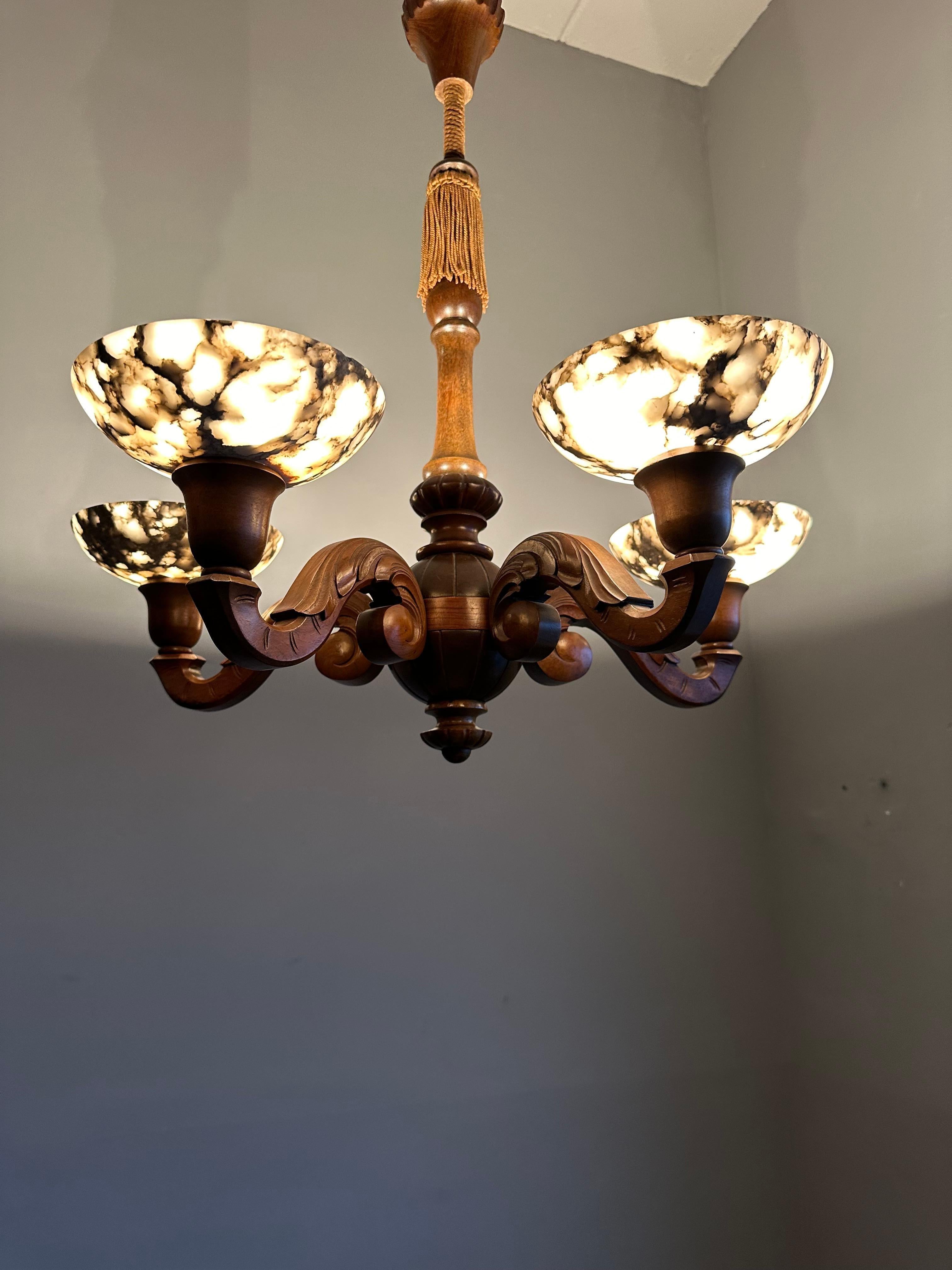 Beautifully Hand Carved Nutwood Chandelier w. Striking Alabaster Shades Pendant For Sale 4