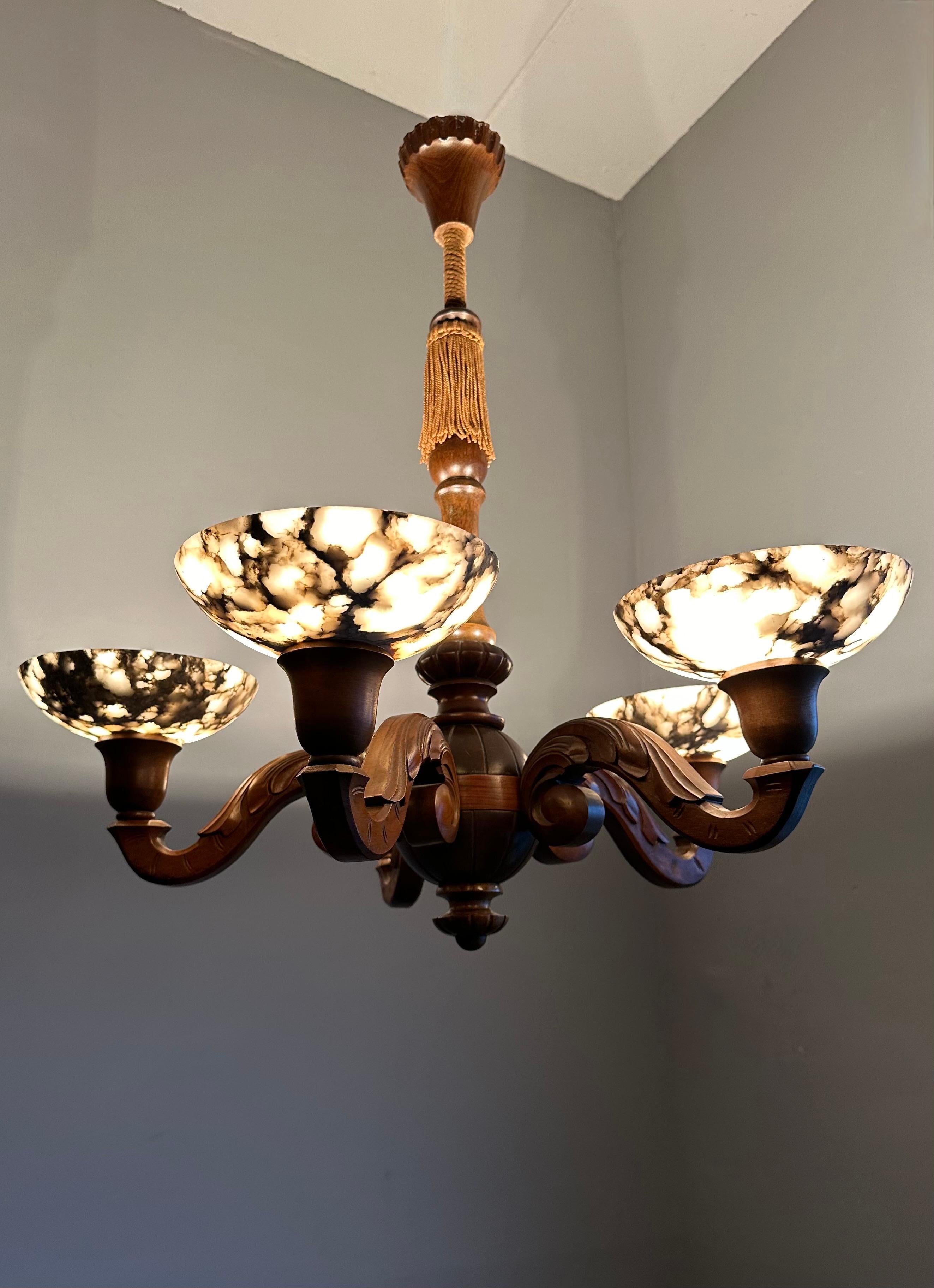Beautifully Hand Carved Nutwood Chandelier w. Striking Alabaster Shades Pendant For Sale 9