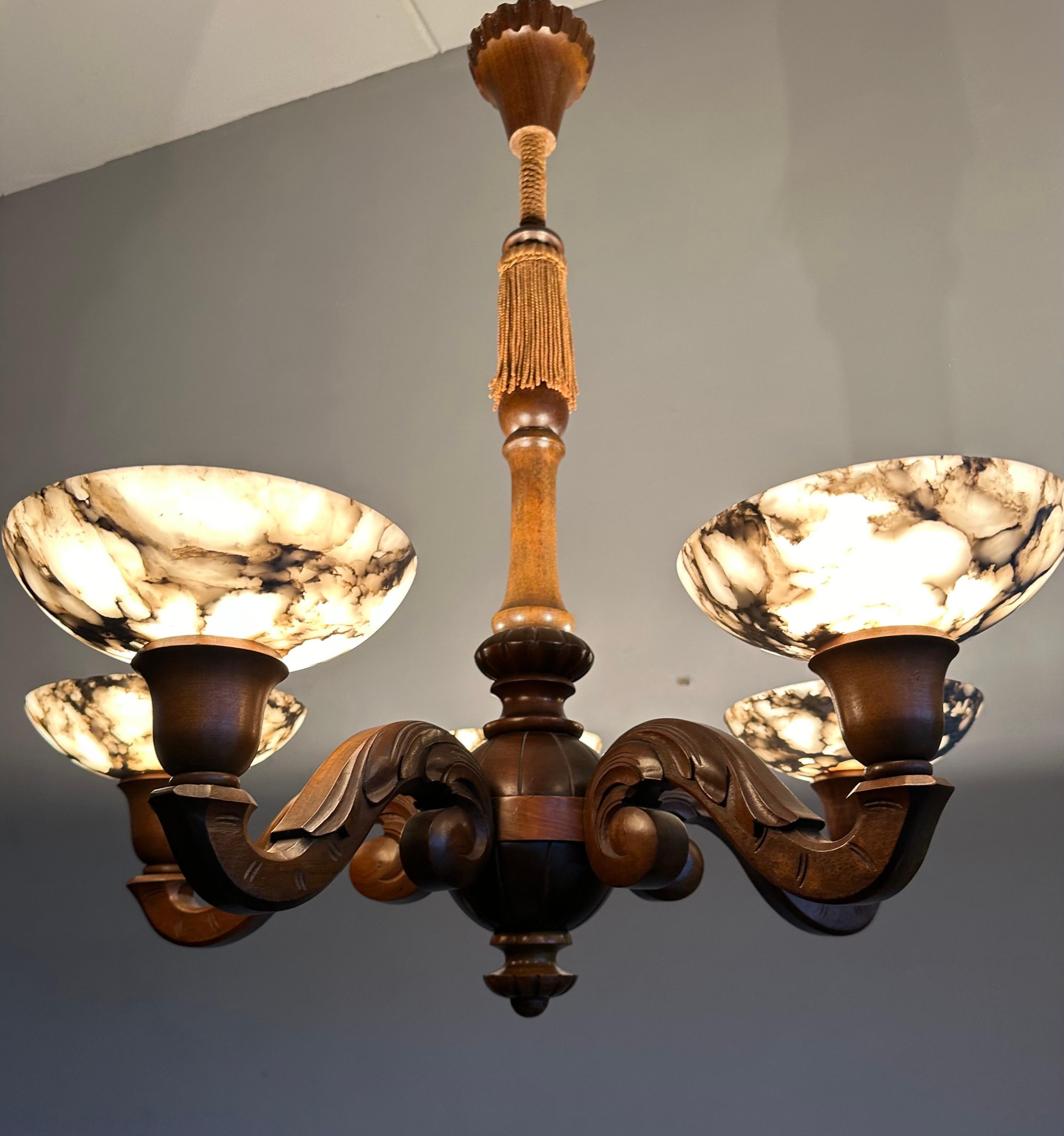 Beautifully Hand Carved Nutwood Chandelier w. Striking Alabaster Shades Pendant For Sale 10