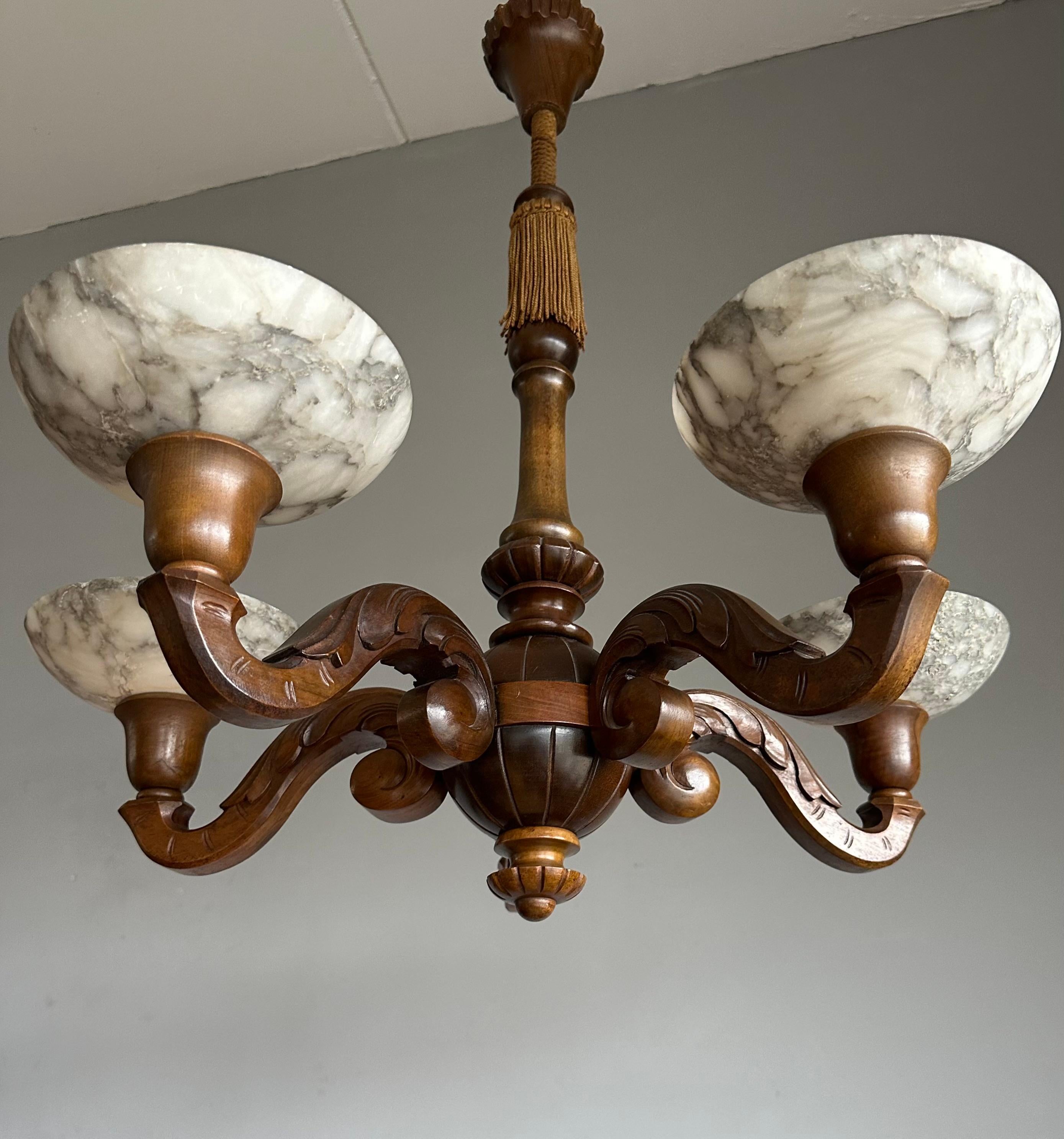 Beautifully Hand Carved Nutwood Chandelier w. Striking Alabaster Shades Pendant For Sale 11