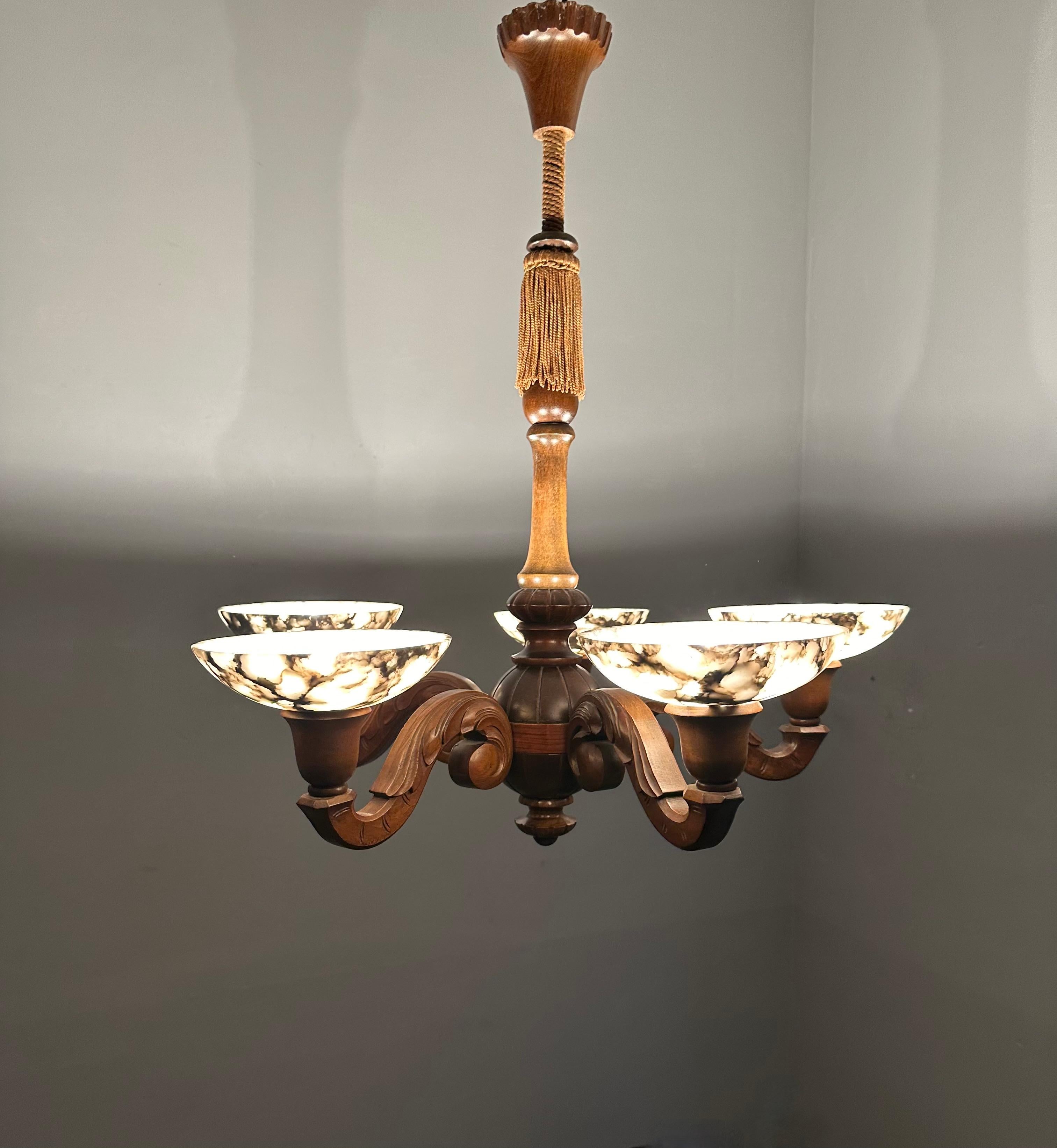 Beautifully Hand Carved Nutwood Chandelier w. Striking Alabaster Shades Pendant For Sale 12