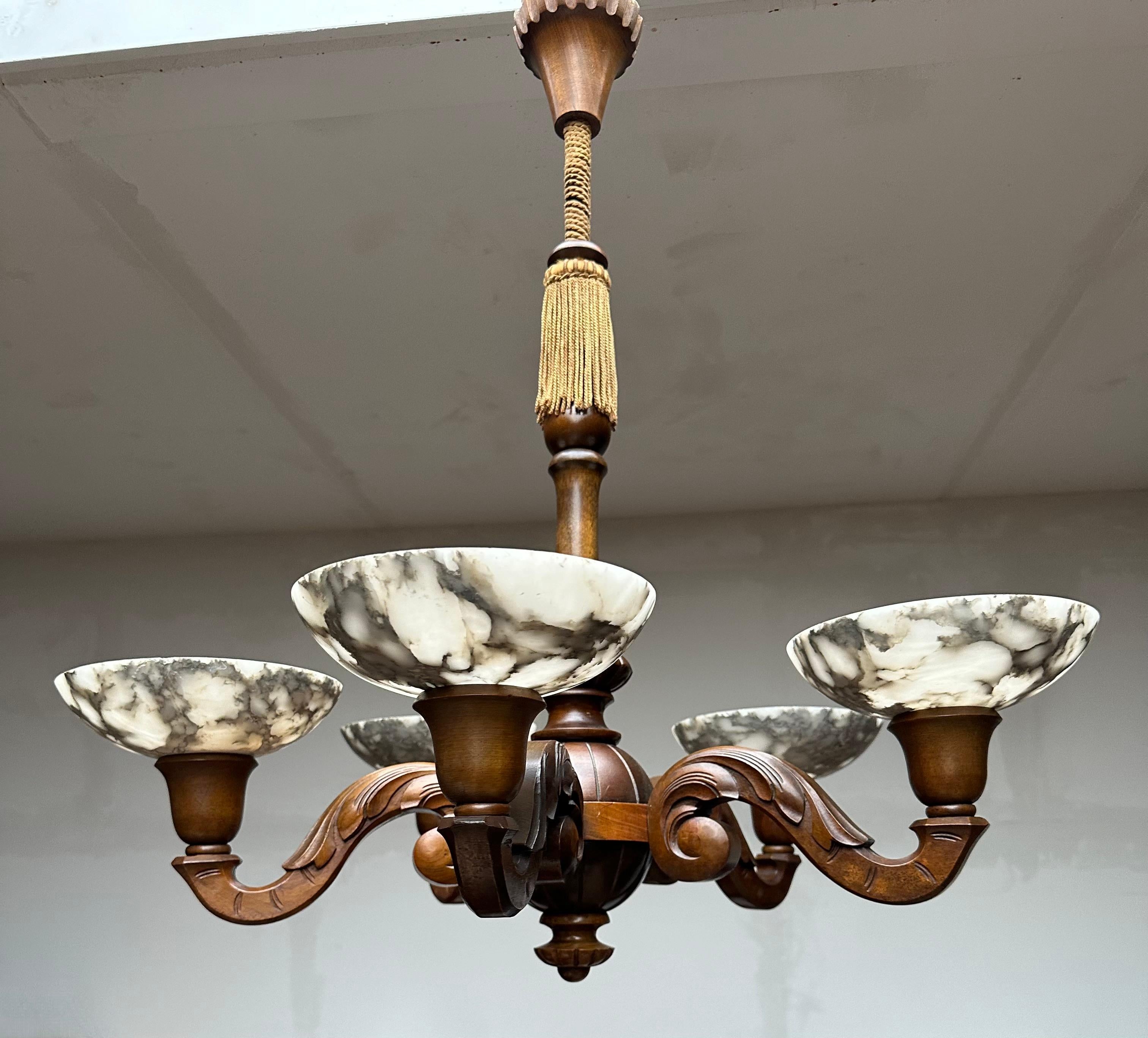 Arts and Crafts Beautifully Hand Carved Nutwood Chandelier w. Striking Alabaster Shades Pendant For Sale