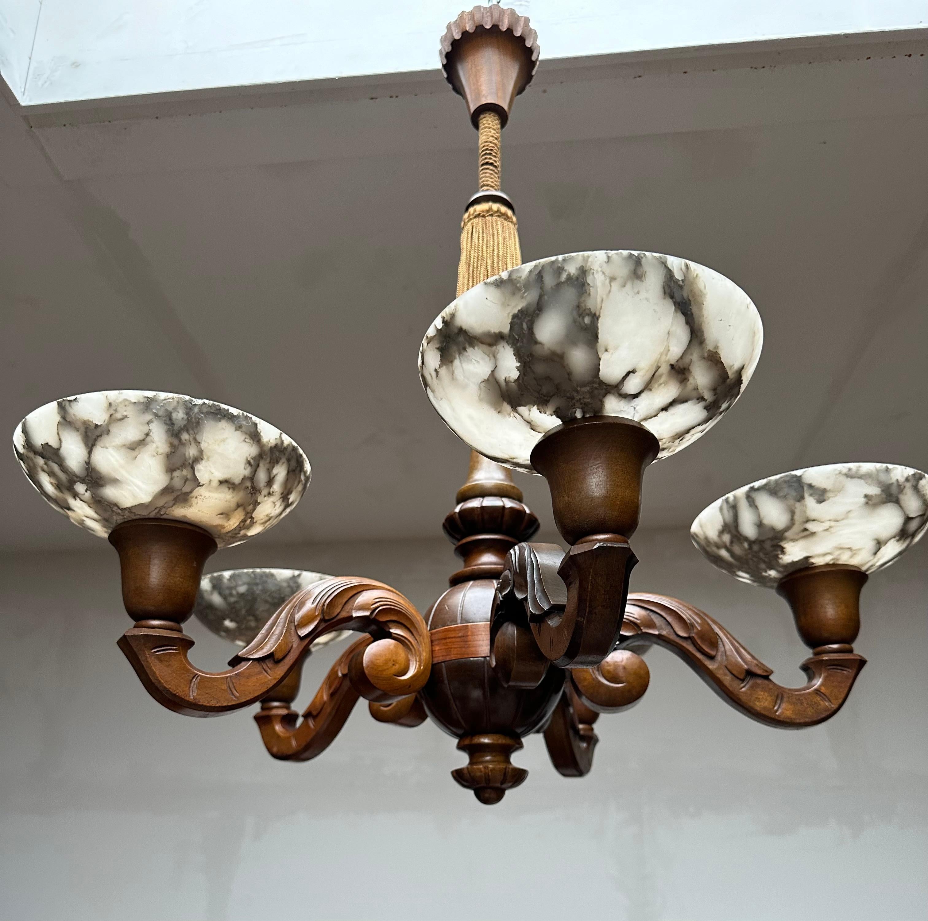 European Beautifully Hand Carved Nutwood Chandelier w. Striking Alabaster Shades Pendant For Sale