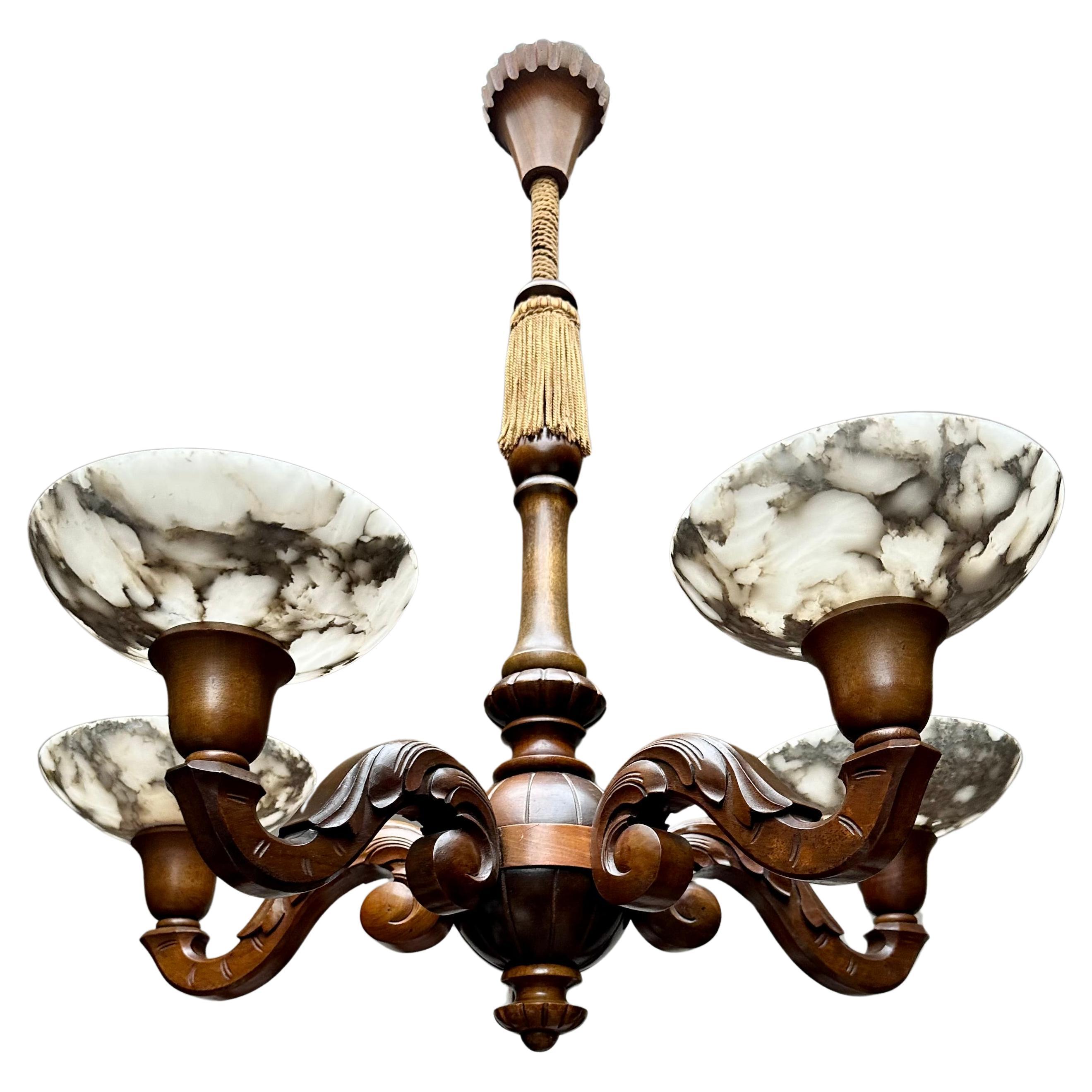 Beautifully Hand Carved Nutwood Chandelier w. Striking Alabaster Shades Pendant