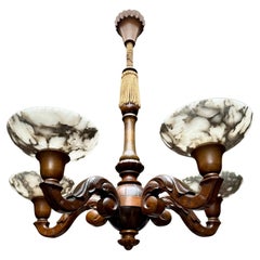Antique Beautifully Hand Carved Nutwood Chandelier w. Striking Alabaster Shades Pendant