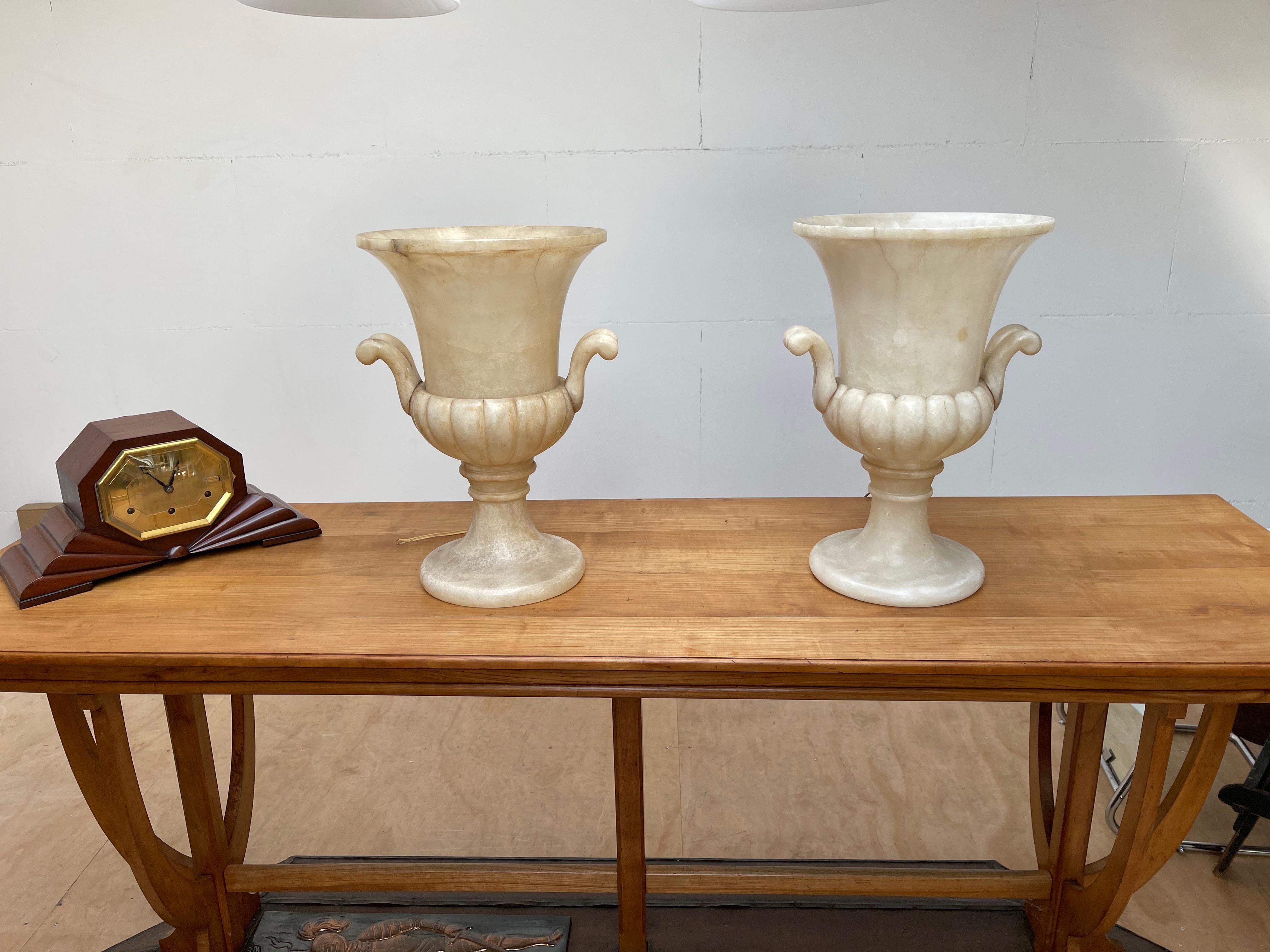Mid-Century Modern Impressive Pair Extra Large Alabaster Pedestals W. Ornamental Urn Design Vases  For Sale