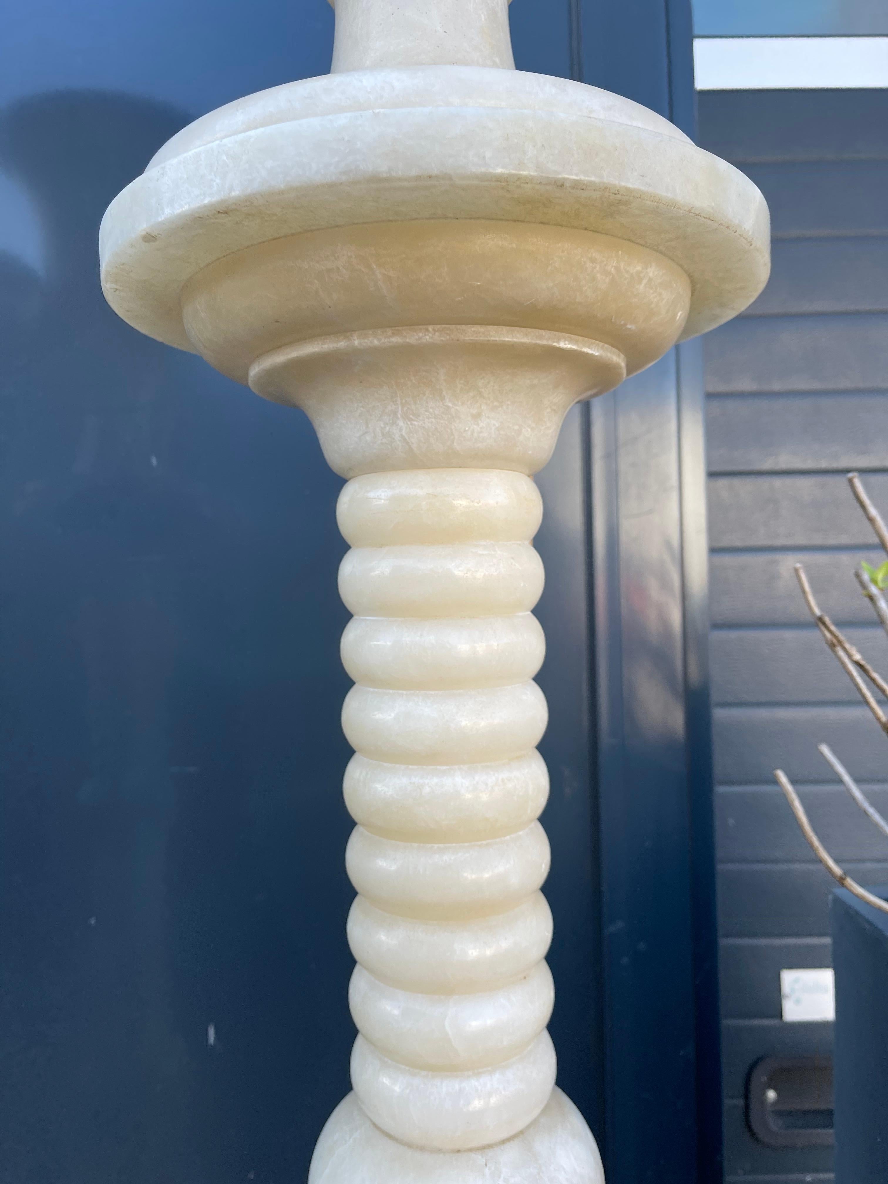 Impressive Pair Extra Large Alabaster Pedestals W. Ornamental Urn Design Vases  For Sale 4